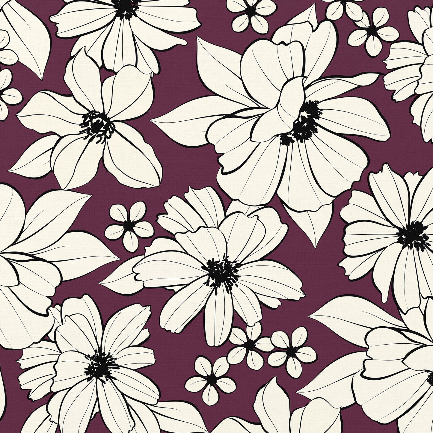 Florian Aubergine floral wall art detail  view with elegant botanical design with cream flowers on deep aubergine background
