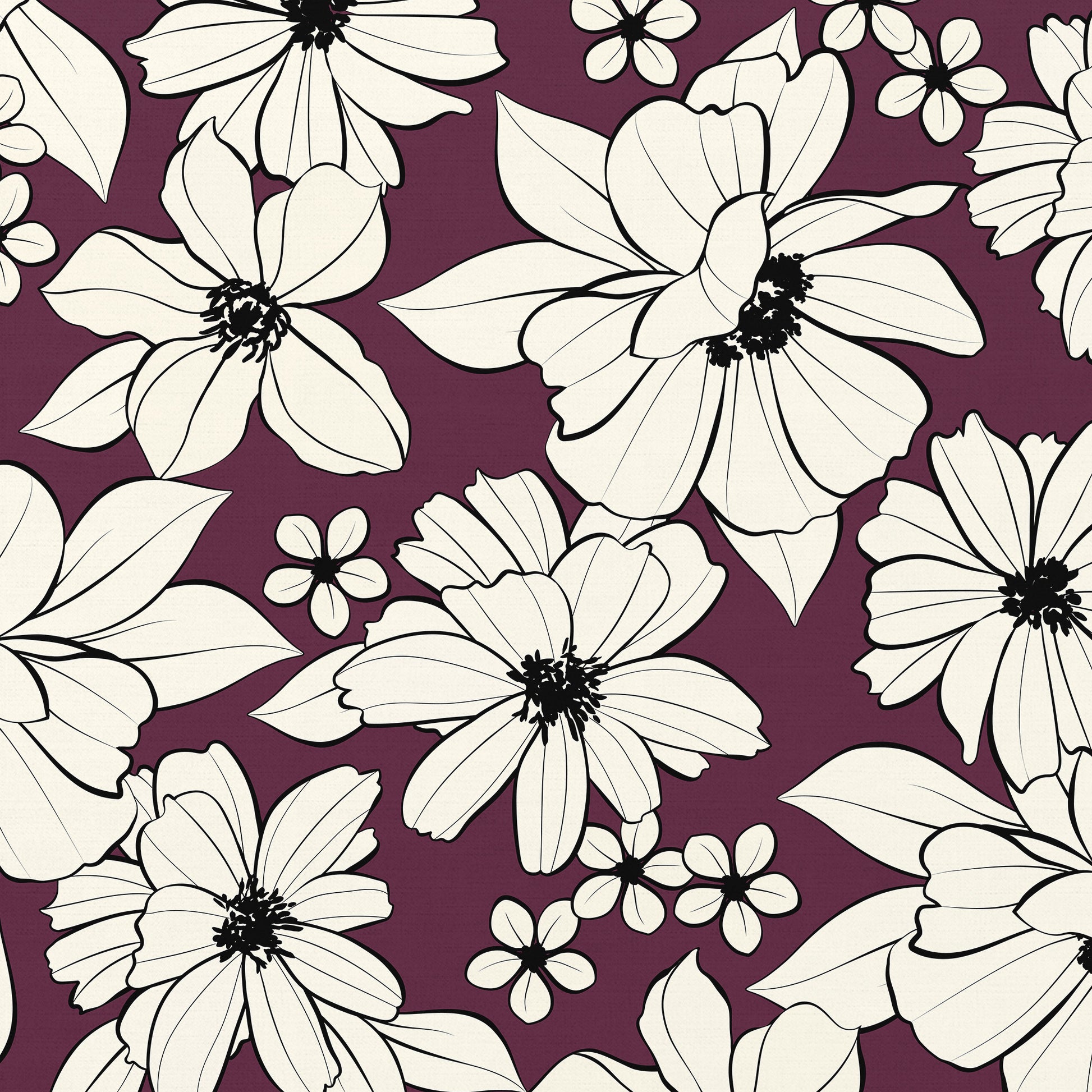 Florian Aubergine floral wall art detail  view with elegant botanical design with cream flowers on deep aubergine background