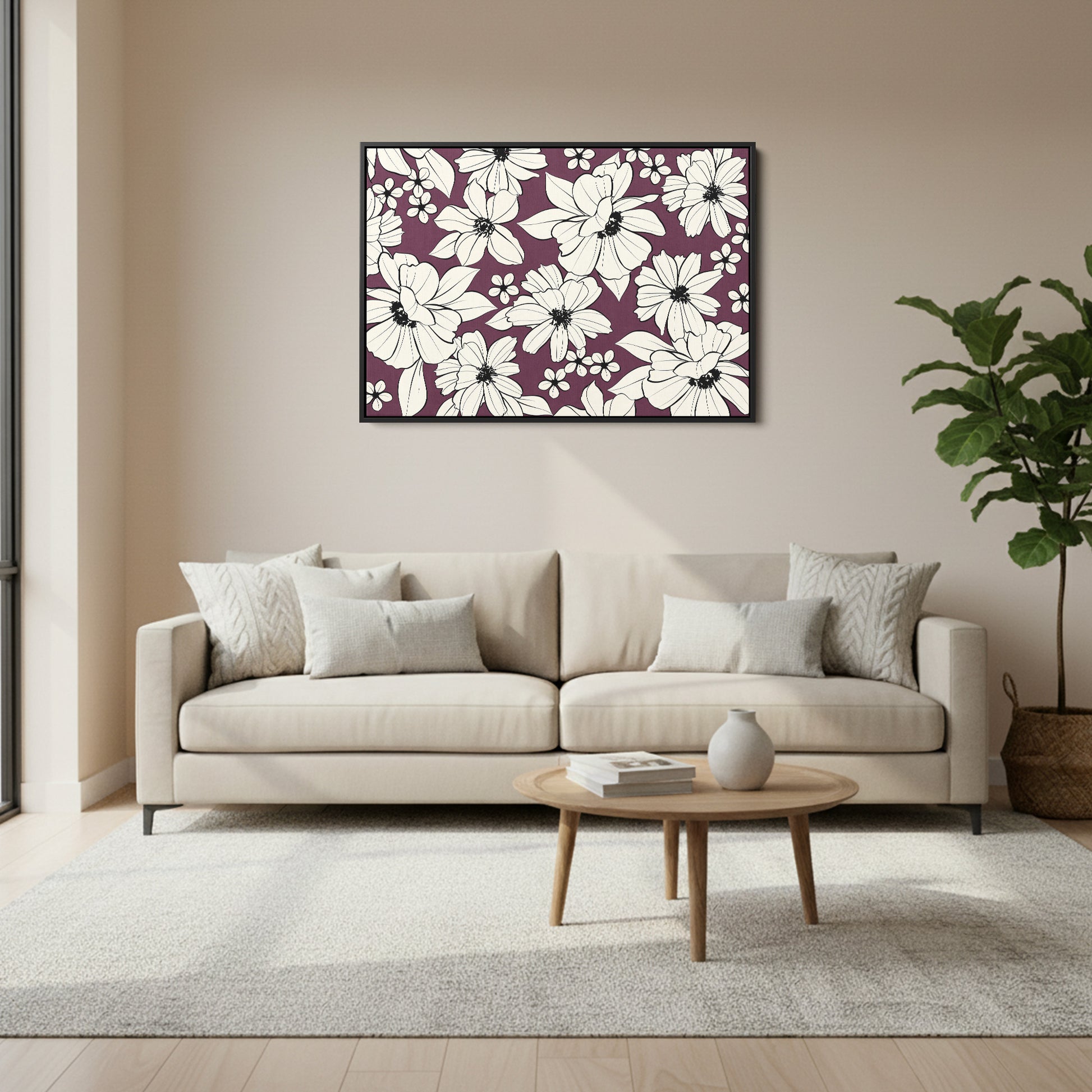 Florian Aubergine botanical wall art in modern room setting - romantic floral print with cream and black flowers on aubergine background as home decor