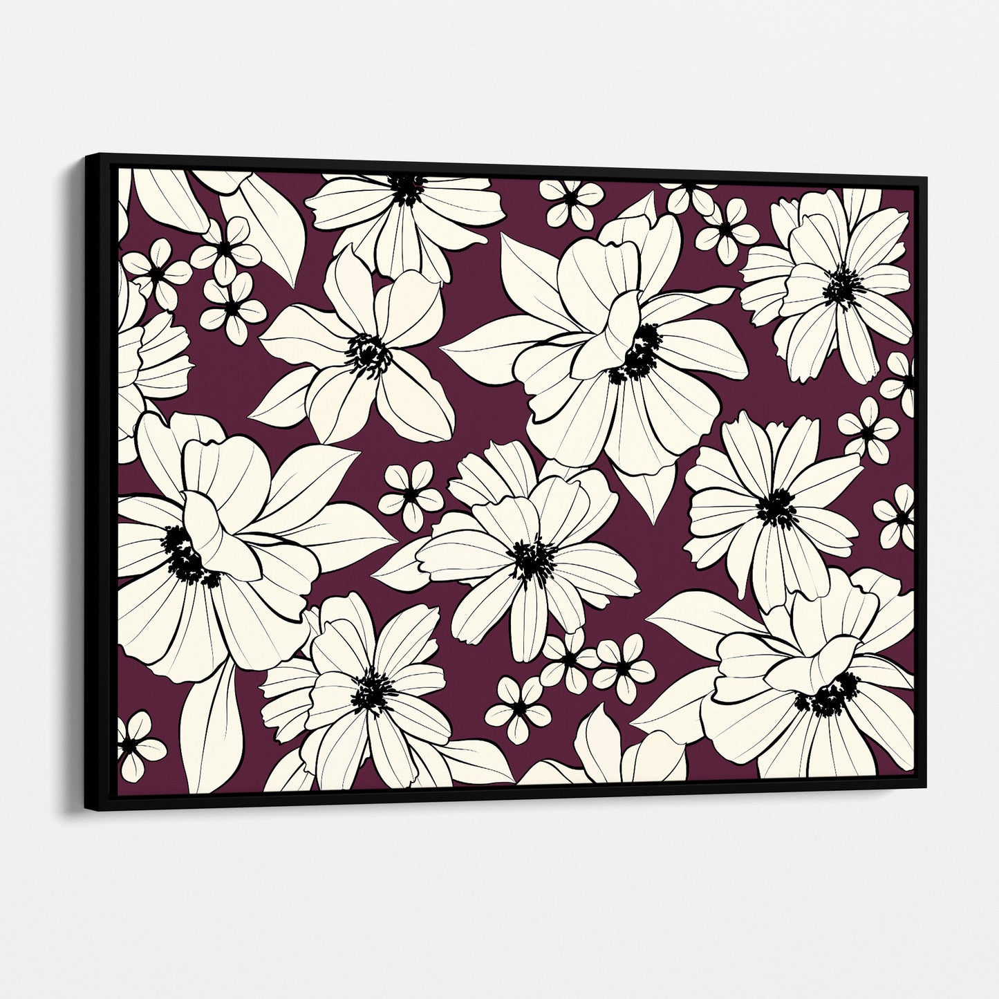 Florian Aubergine floral wall art angled view showing frame depth - elegant botanical design with cream flowers on deep aubergine background