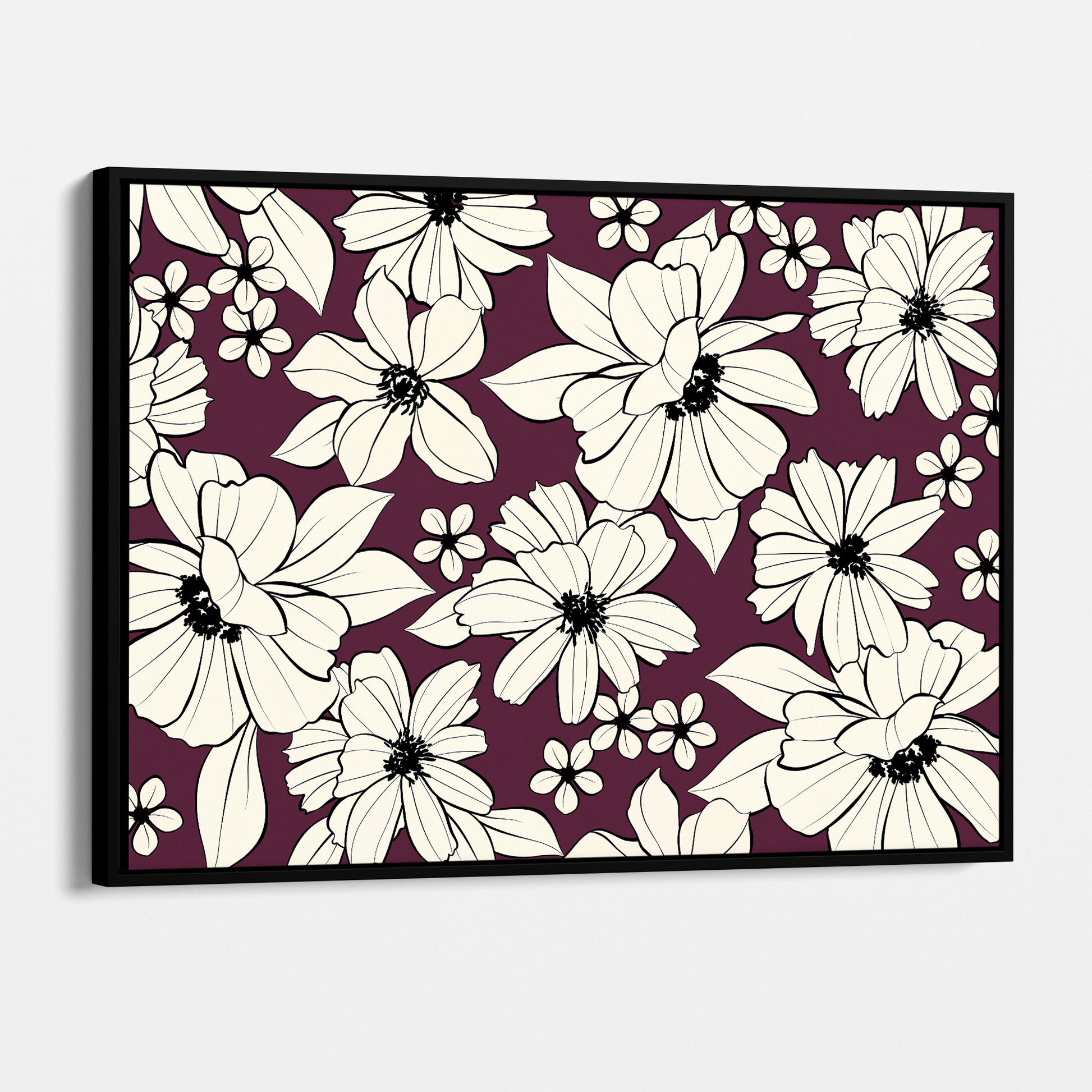 Florian Aubergine floral wall art angled view showing frame depth - elegant botanical design with cream flowers on deep aubergine background