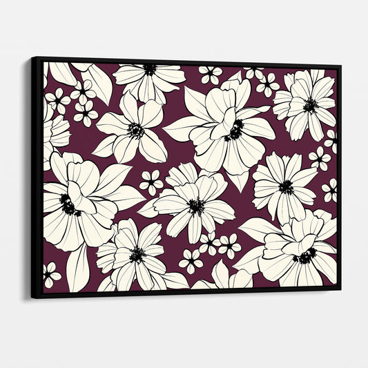 Florian Aubergine floral wall art angled view showing frame depth - elegant botanical design with cream flowers on deep aubergine background
