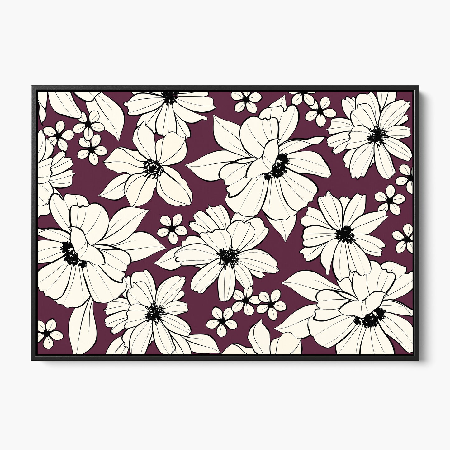 Florian Aubergine botanical wall art - romantic hand-drawn florals in cream and black on rich aubergine background, framed print front view