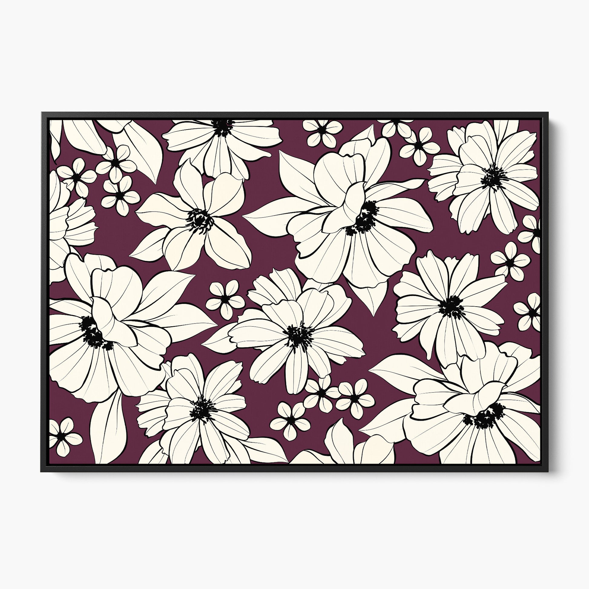 Florian Aubergine botanical wall art - romantic hand-drawn florals in cream and black on rich aubergine background, framed print front view