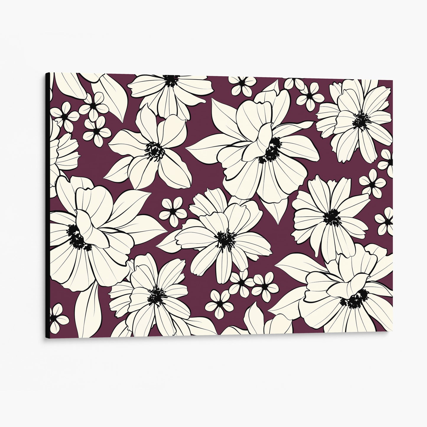 Florian Aubergine floral wall art angled view showing a canvas with elegant botanical design with cream flowers on deep aubergine background