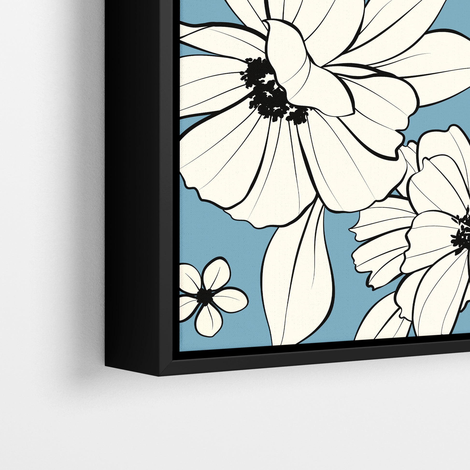 Close-up detail of Florian Sky Blue framed botanical print - hand-drawn cream florals with artistic ink-splash centres on sky blue background