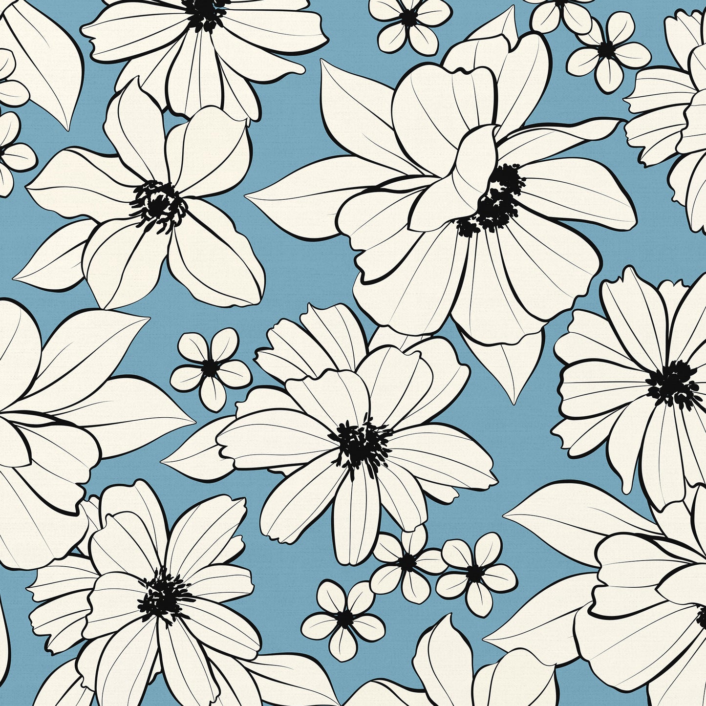 Florian Sky Blue floral wall art detail view showing an  elegant botanical illustration with cream flowers on light blue background