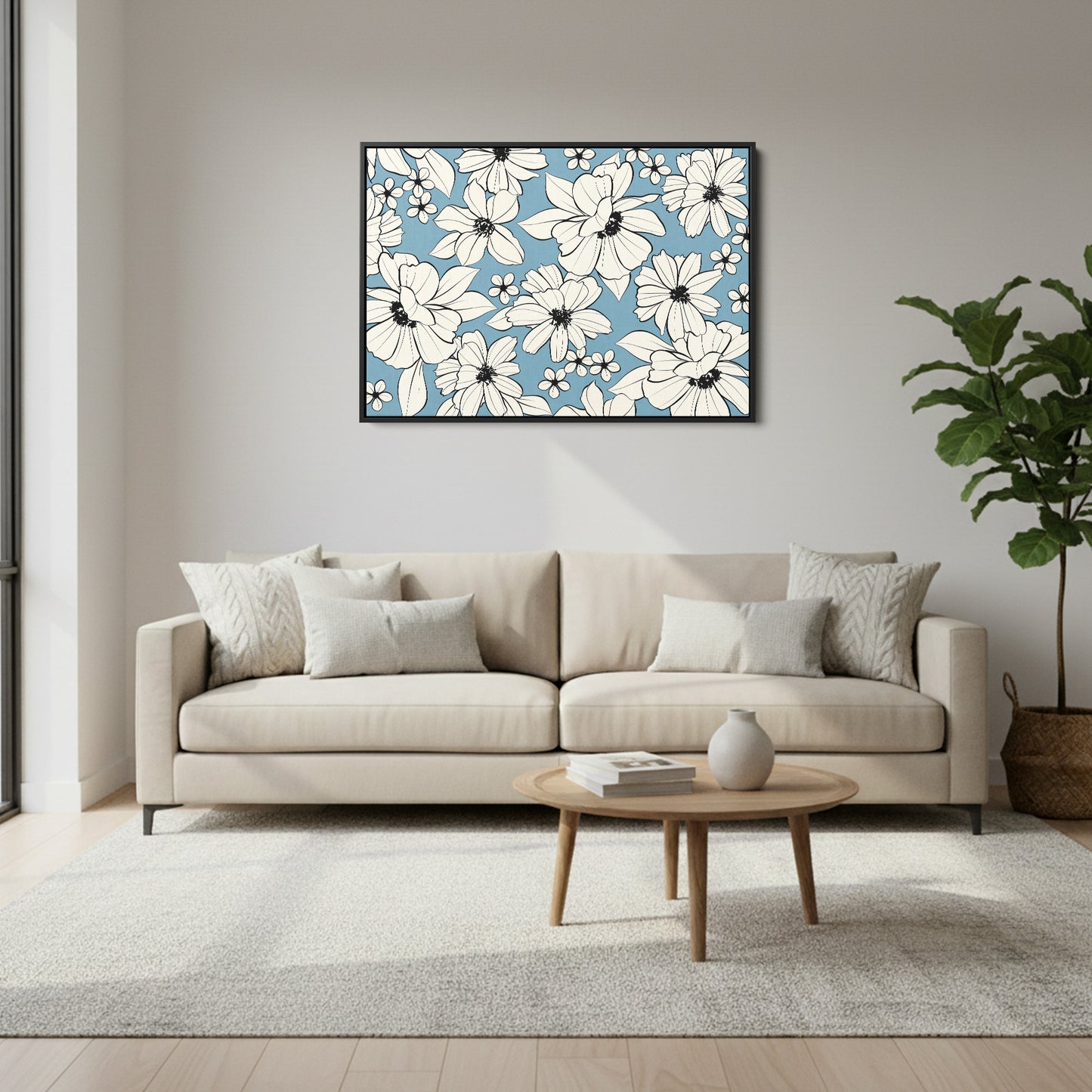 Florian Sky Blue botanical wall art in modern room setting - romantic floral print with cream and black flowers on light blue background as home decor