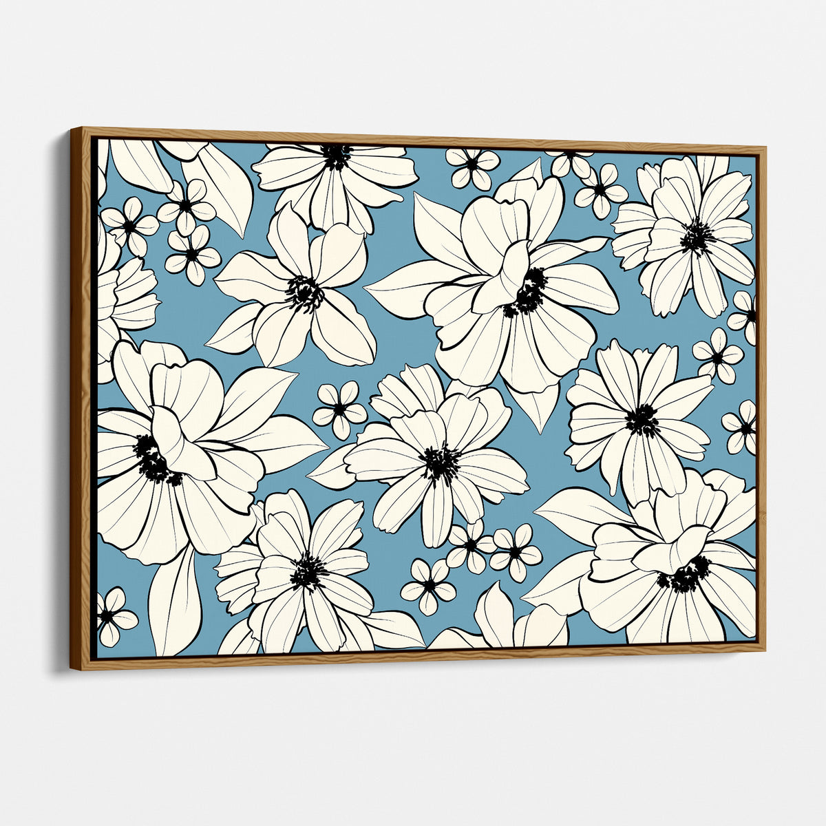 Florian Blue floral canvas print in oak floater frame, landscape format