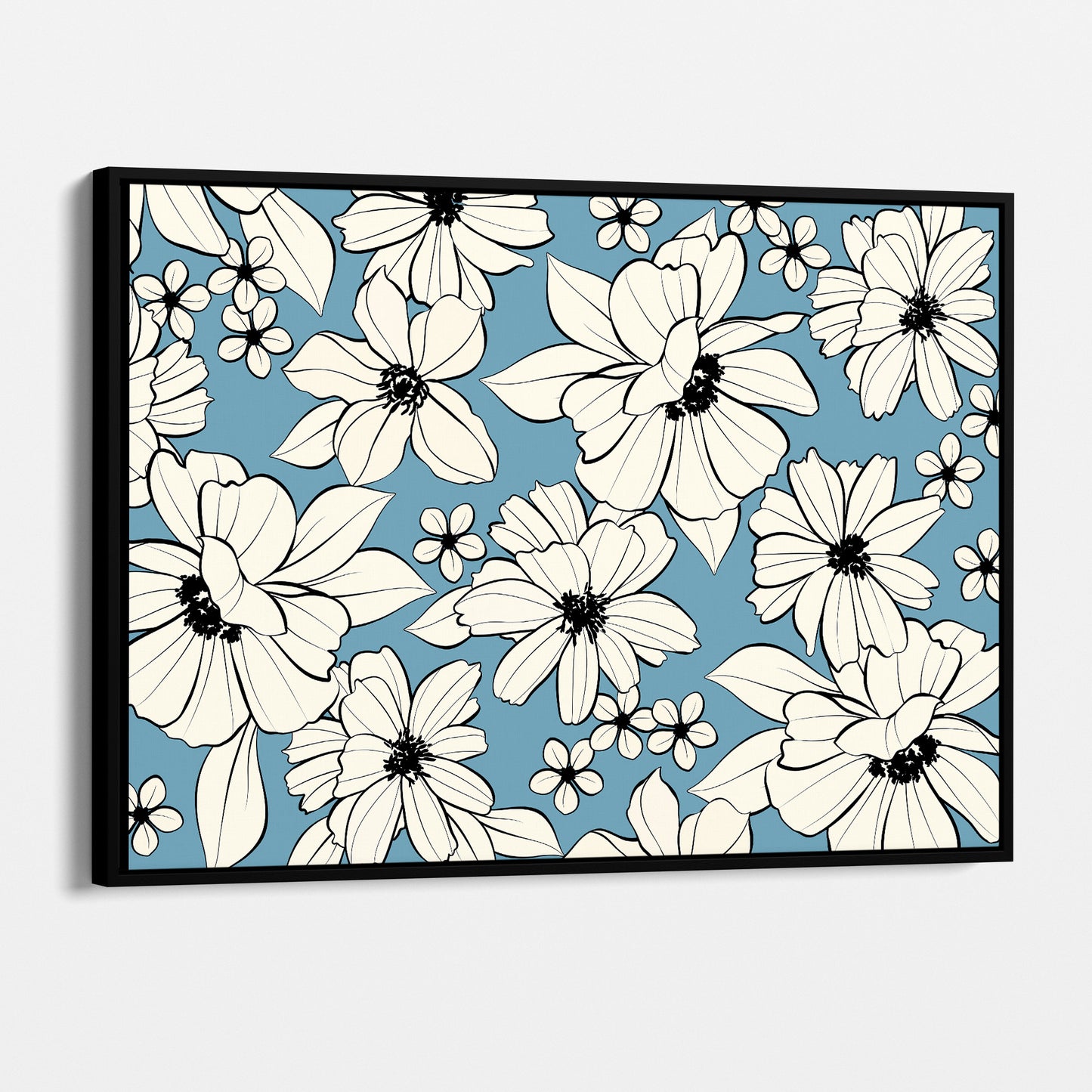Florian Sky Blue floral wall art angled view showing frame depth - elegant botanical illustration with cream flowers on light blue backgroun