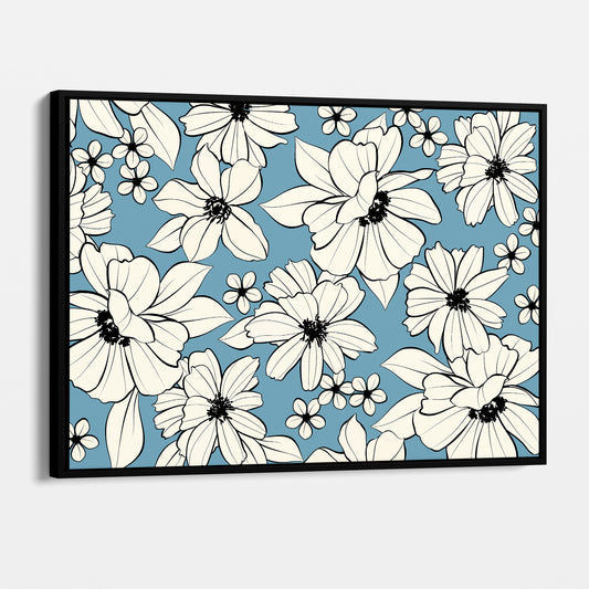 Florian Sky Blue floral wall art angled view showing frame depth - elegant botanical illustration with cream flowers on light blue backgroun