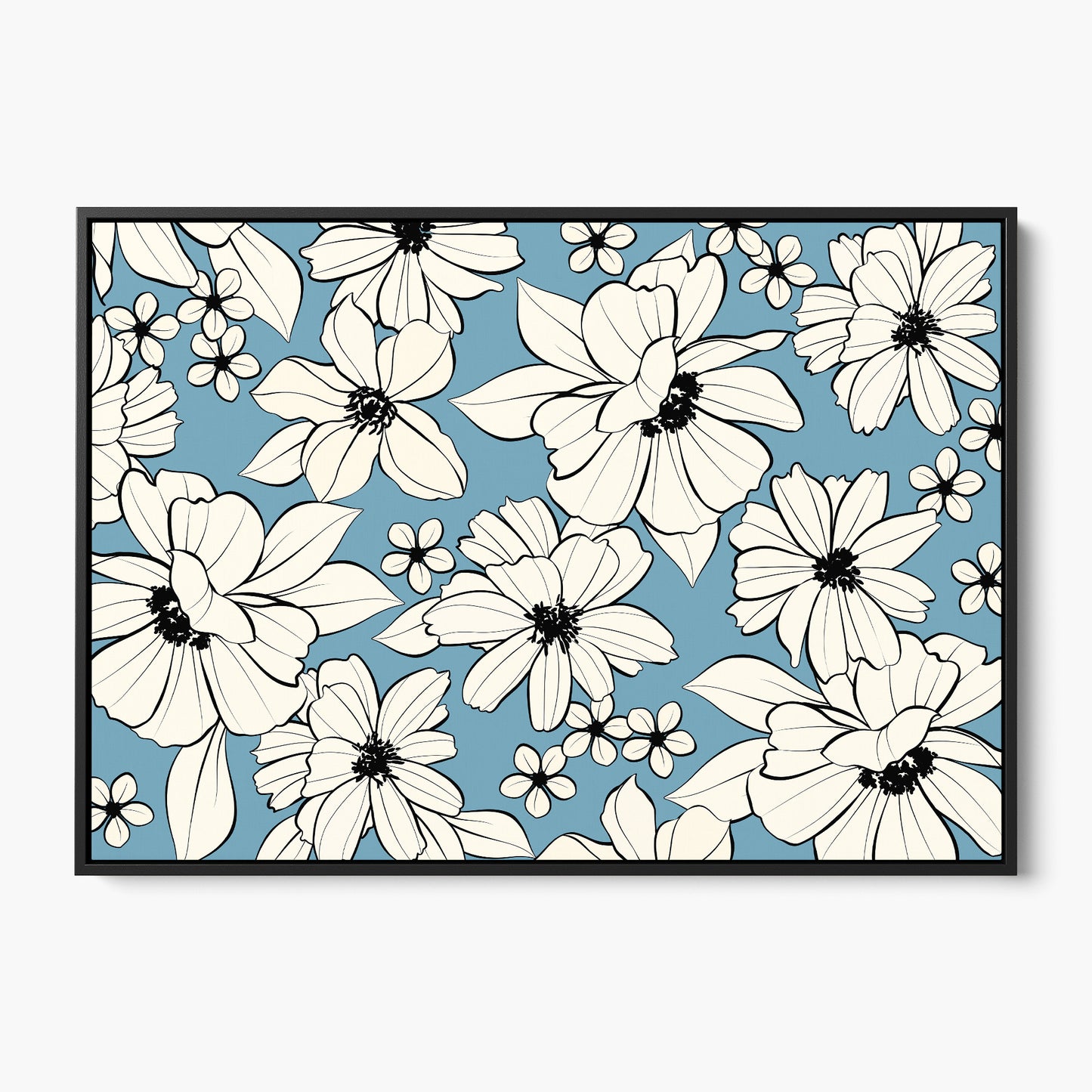 Florian Sky Blue botanical wall art - romantic hand-drawn florals in cream and black on sky blue background, framed print front view