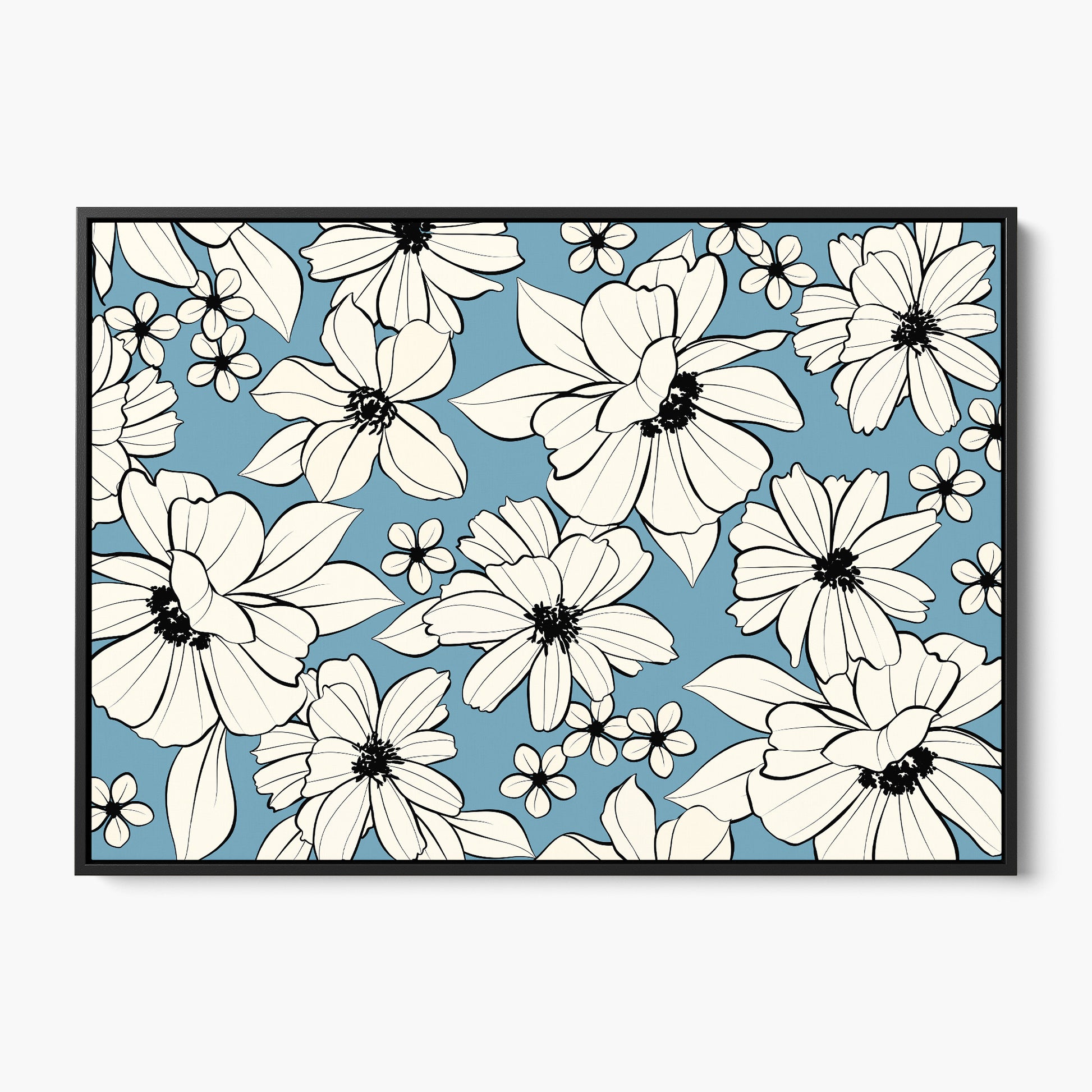 Florian Sky Blue botanical wall art - romantic hand-drawn florals in cream and black on sky blue background, framed print front view