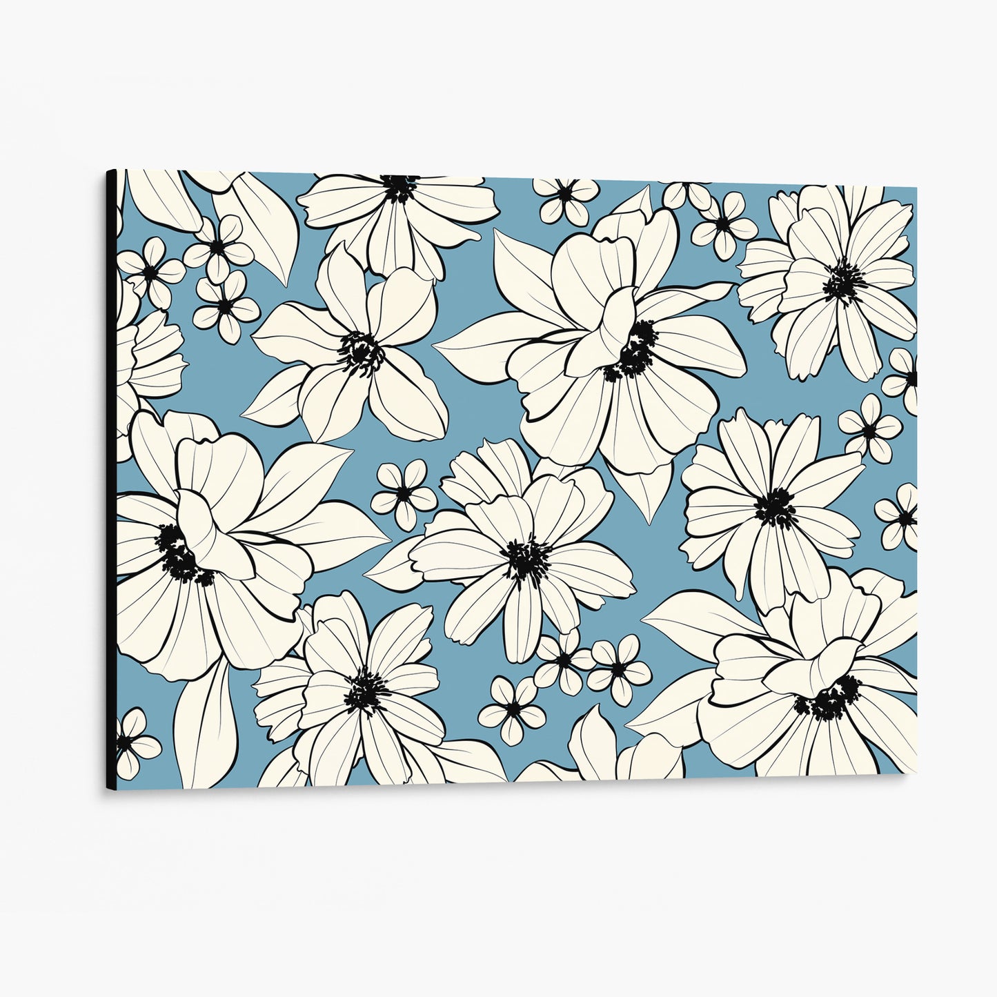 Florian Sky Blue floral wall art angled view showing black canvas edge depth - elegant botanical illustration with cream flowers on light blue background