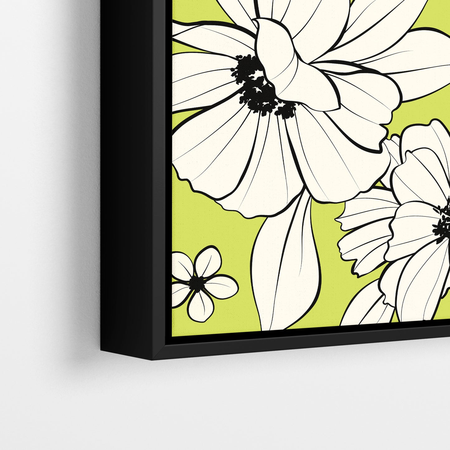 Close-up detail of Florian Lime framed botanical print - hand-drawn cream florals with artistic ink-splash centres on lime background