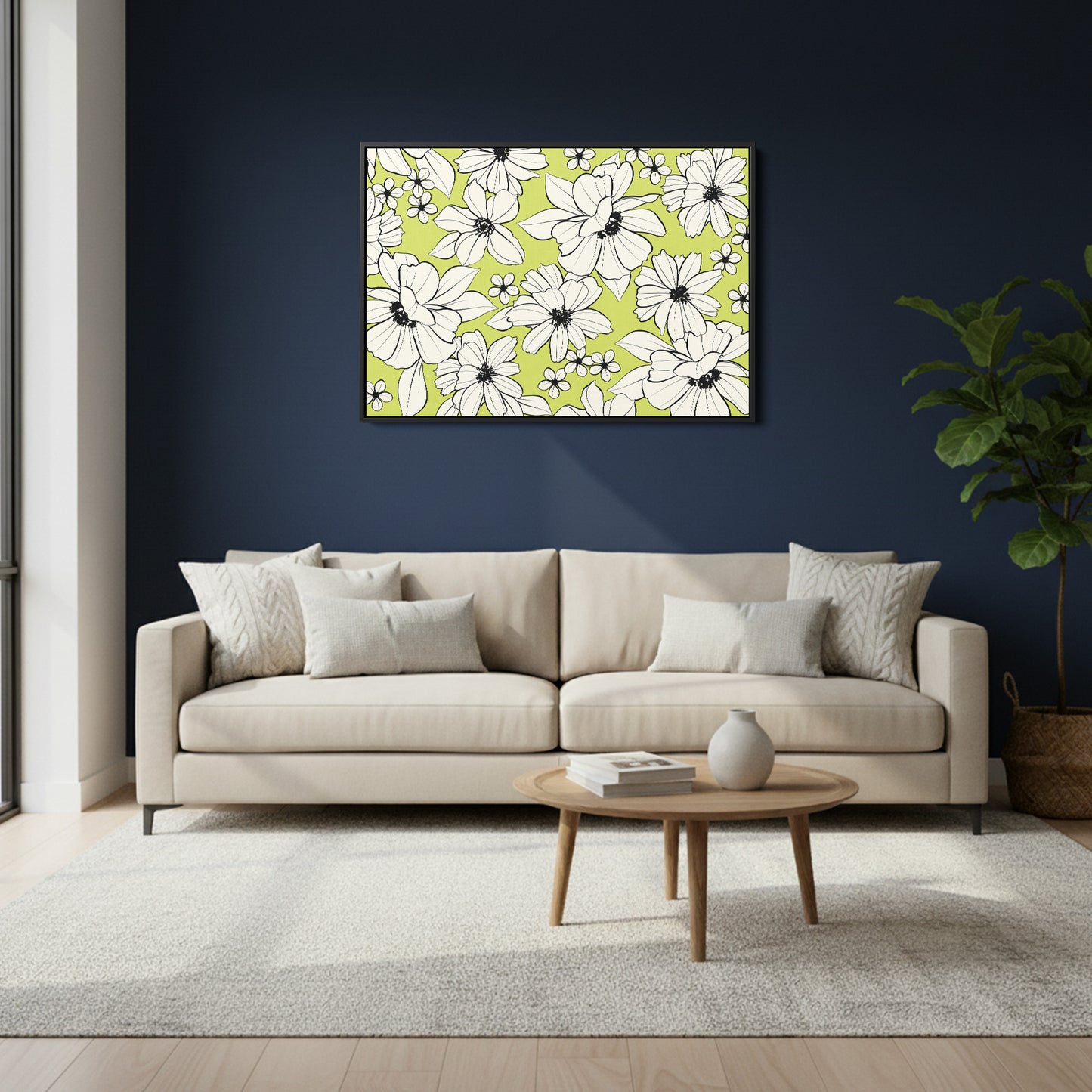 Florian Lime botanical wall art in modern room setting - romantic floral print with cream and black flowers on bright lime background as home decor