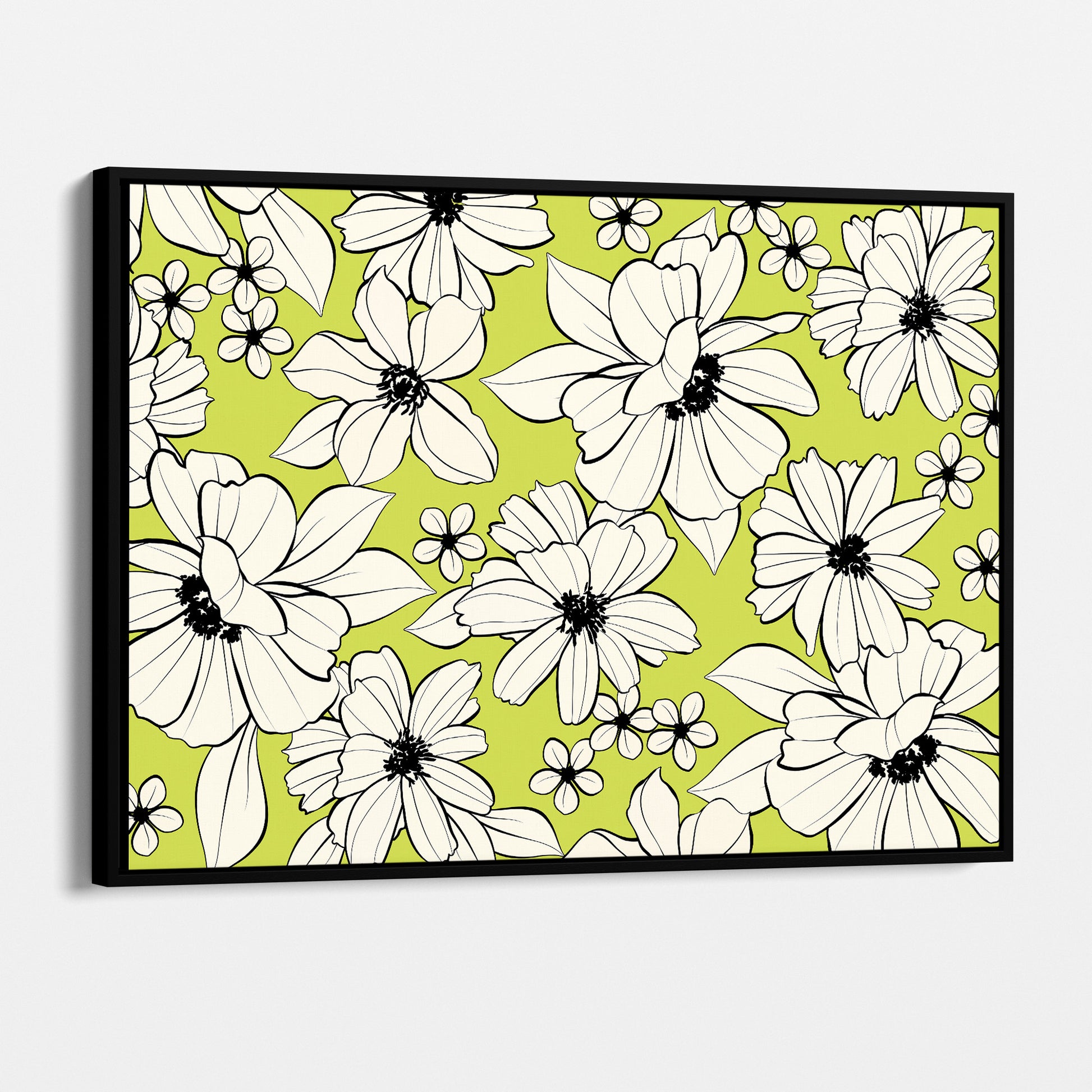 Florian Lime floral wall art angled view showing frame depth - elegant botanical illustration with cream flowers on vibrant lime background