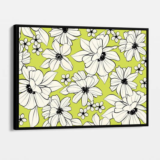 Florian Lime floral wall art angled view showing frame depth - elegant botanical illustration with cream flowers on vibrant lime background