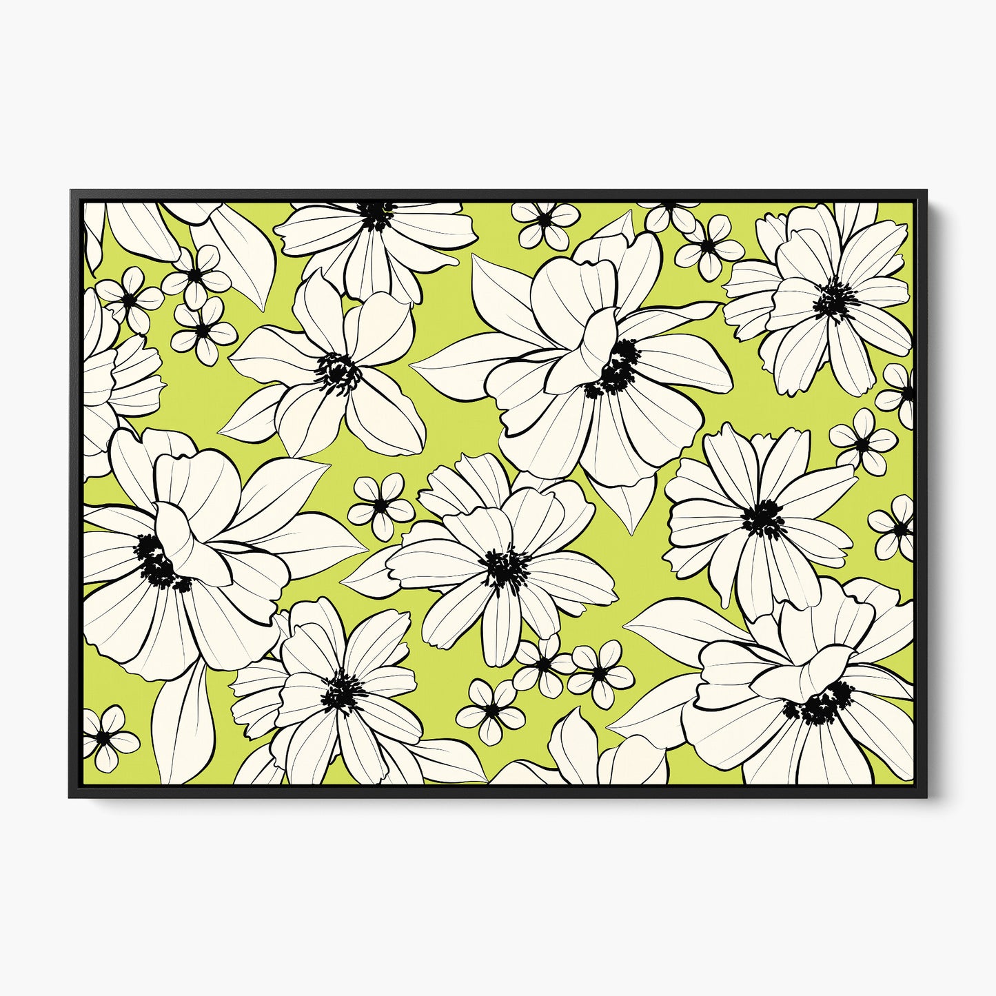 Florian Lime  botanical wall art - romantic hand-drawn florals in cream and black on bright chartreuse background, framed print front view