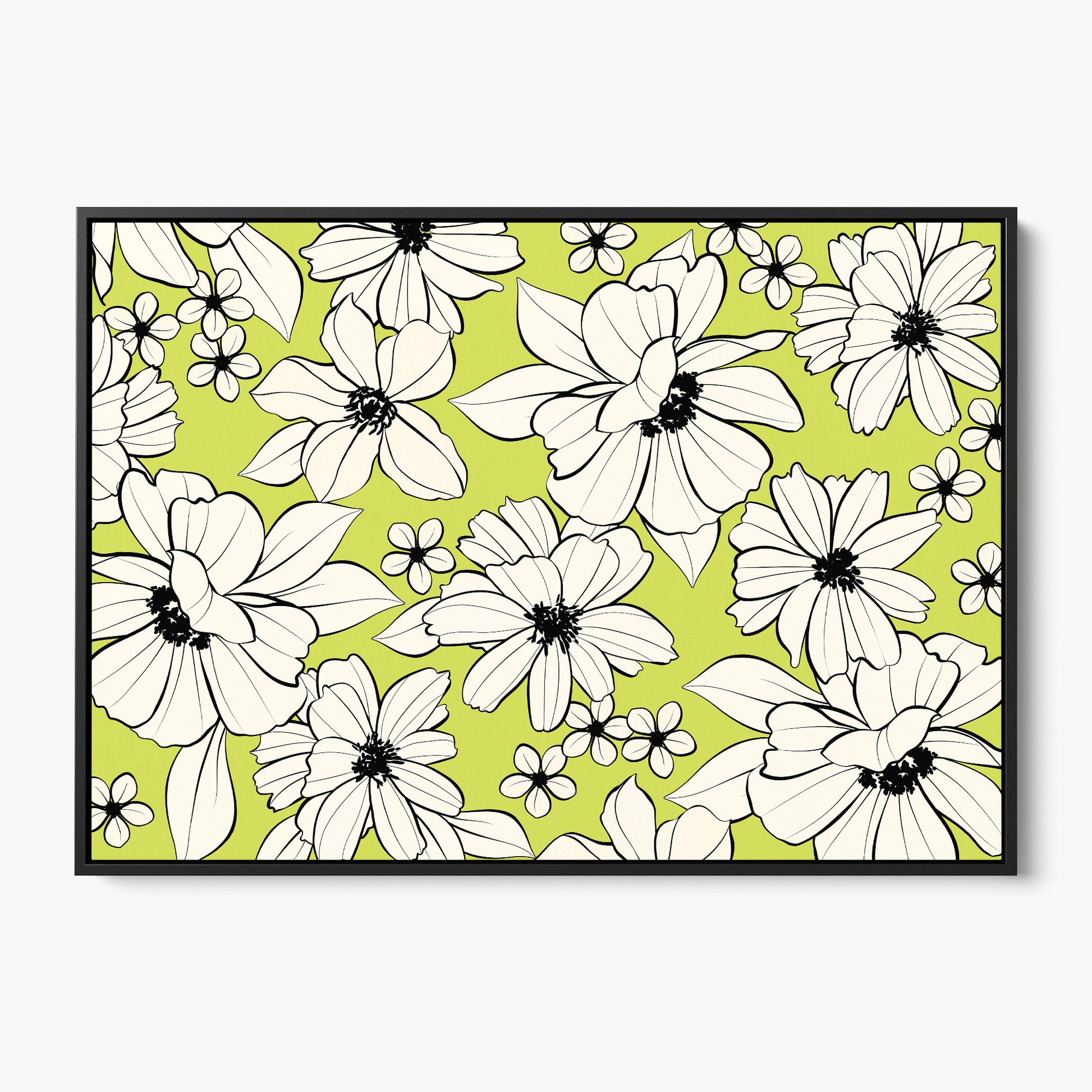 Florian Lime  botanical wall art - romantic hand-drawn florals in cream and black on bright chartreuse background, framed print front view