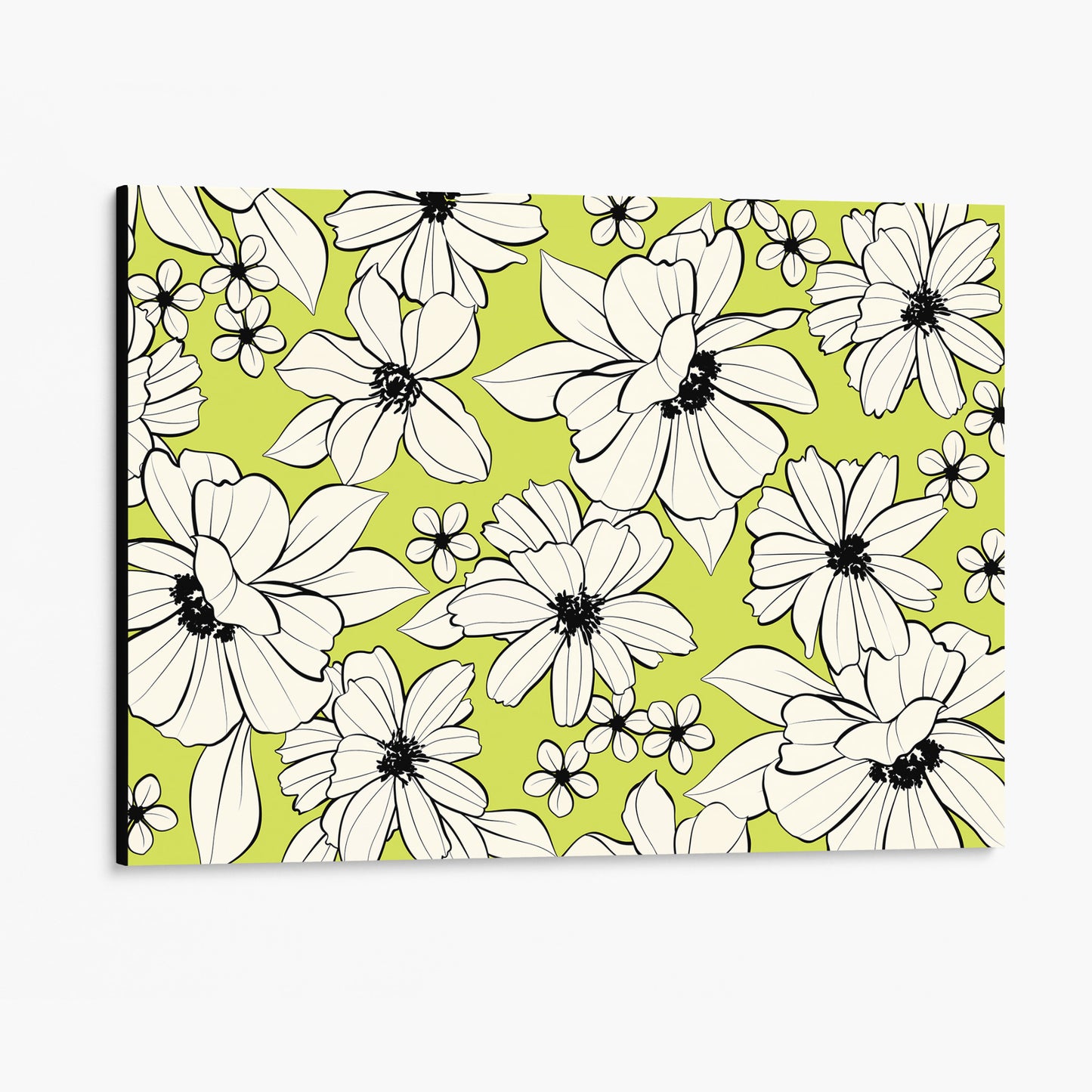 Florian Lime floral wall art angled view showing back edge and elegant botanical illustration with cream flowers on vibrant lime background