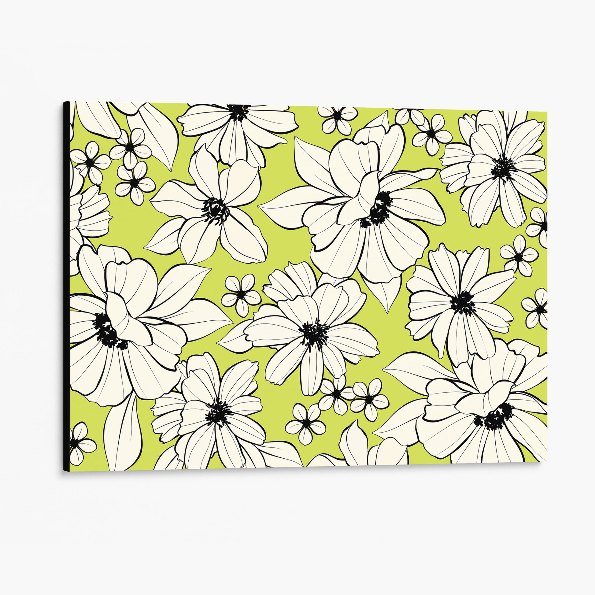 Florian Lime floral wall art angled view showing back edge and elegant botanical illustration with cream flowers on vibrant lime background
