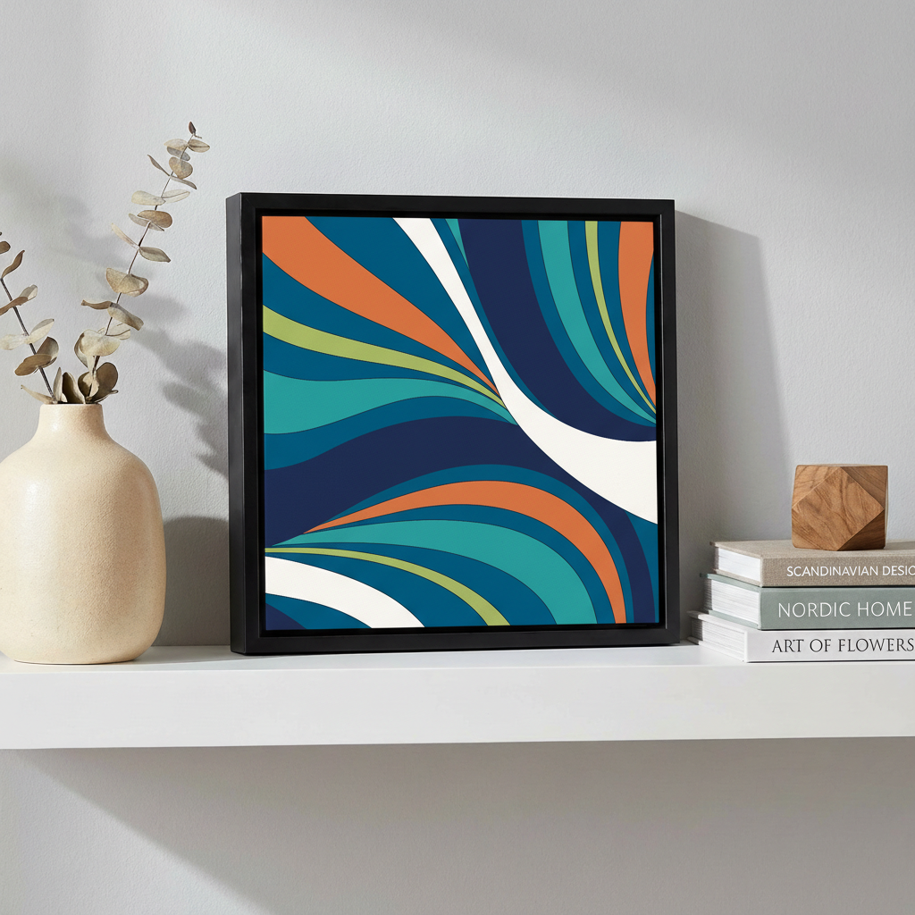 Framed River teal mini abstract artwork with wavy patterns in blue, purple, and yellow on a white shelf.