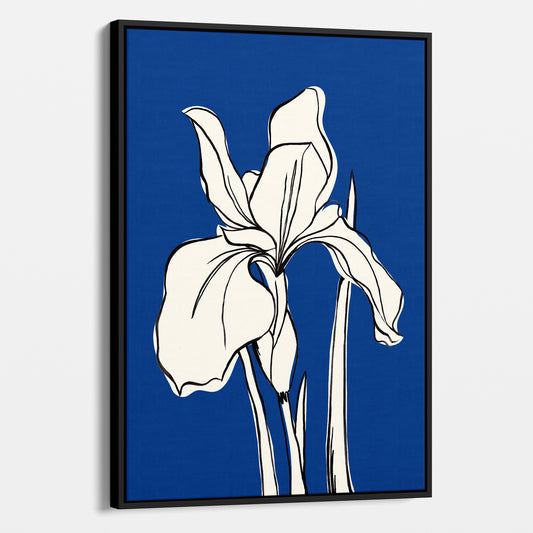 Framed Iris Blue floral wall art angled view showing frame depth — expressive iris line drawing in cream against deep cobalt blue background
