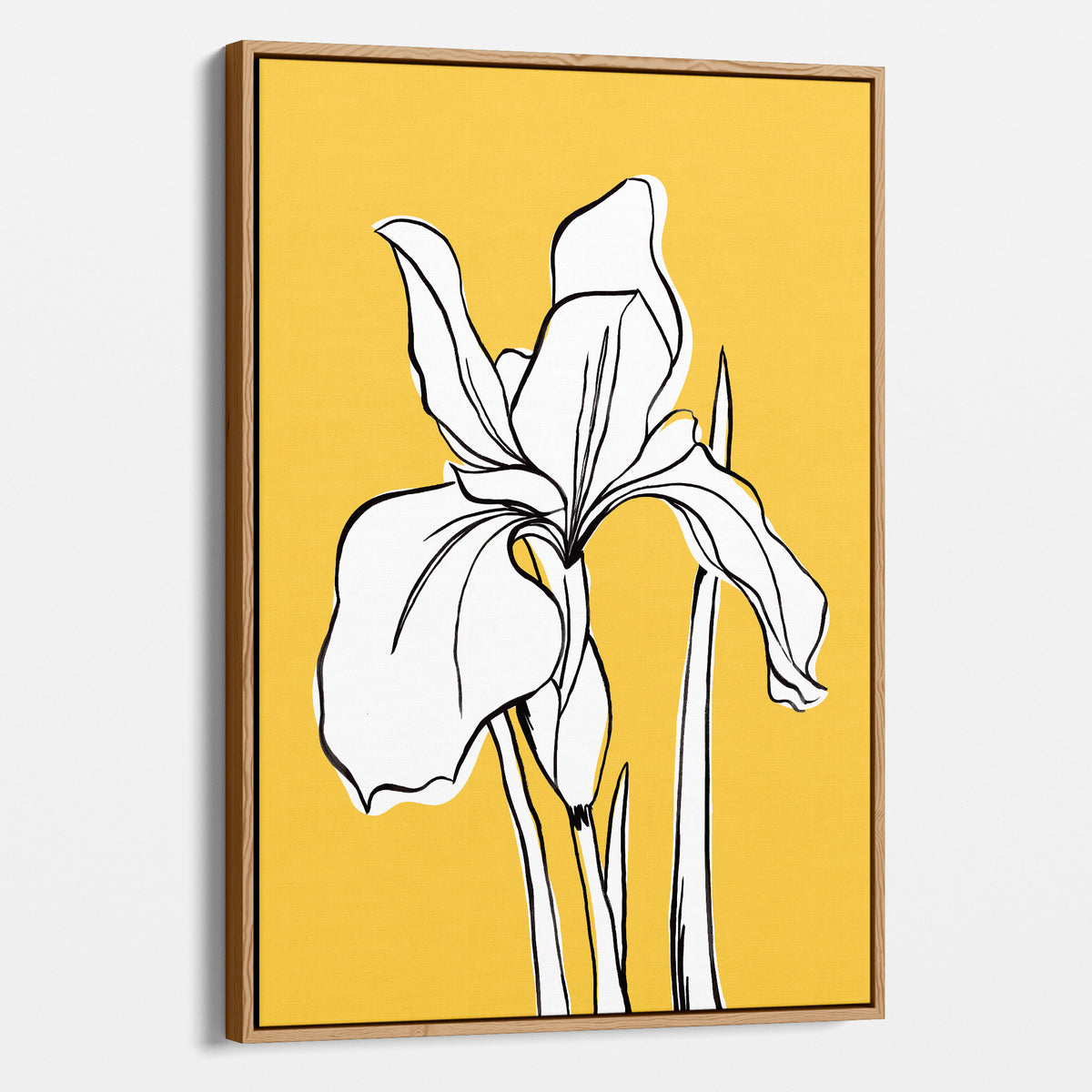 Iris Yellow floral canvas print in oak floater frame, portrait format, angled view