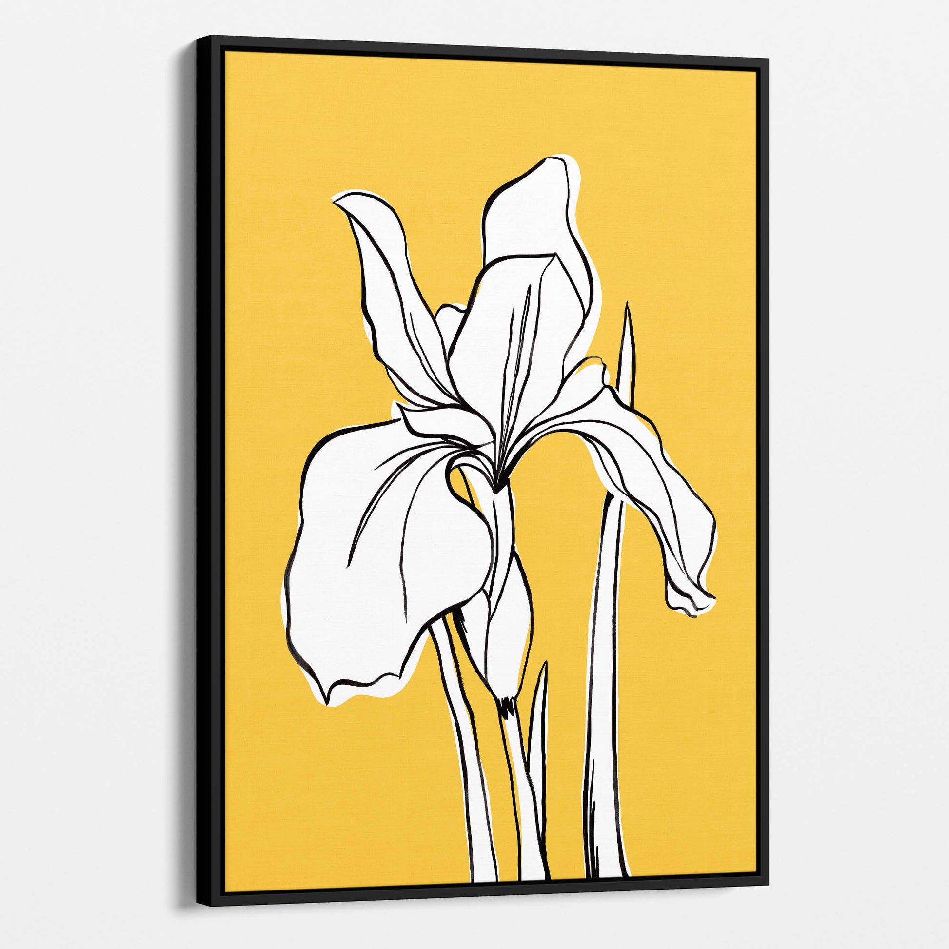 Framed Iris Yellow floral wall art angled view showing frame depth — expressive iris line drawing against warm sunflower yellow background