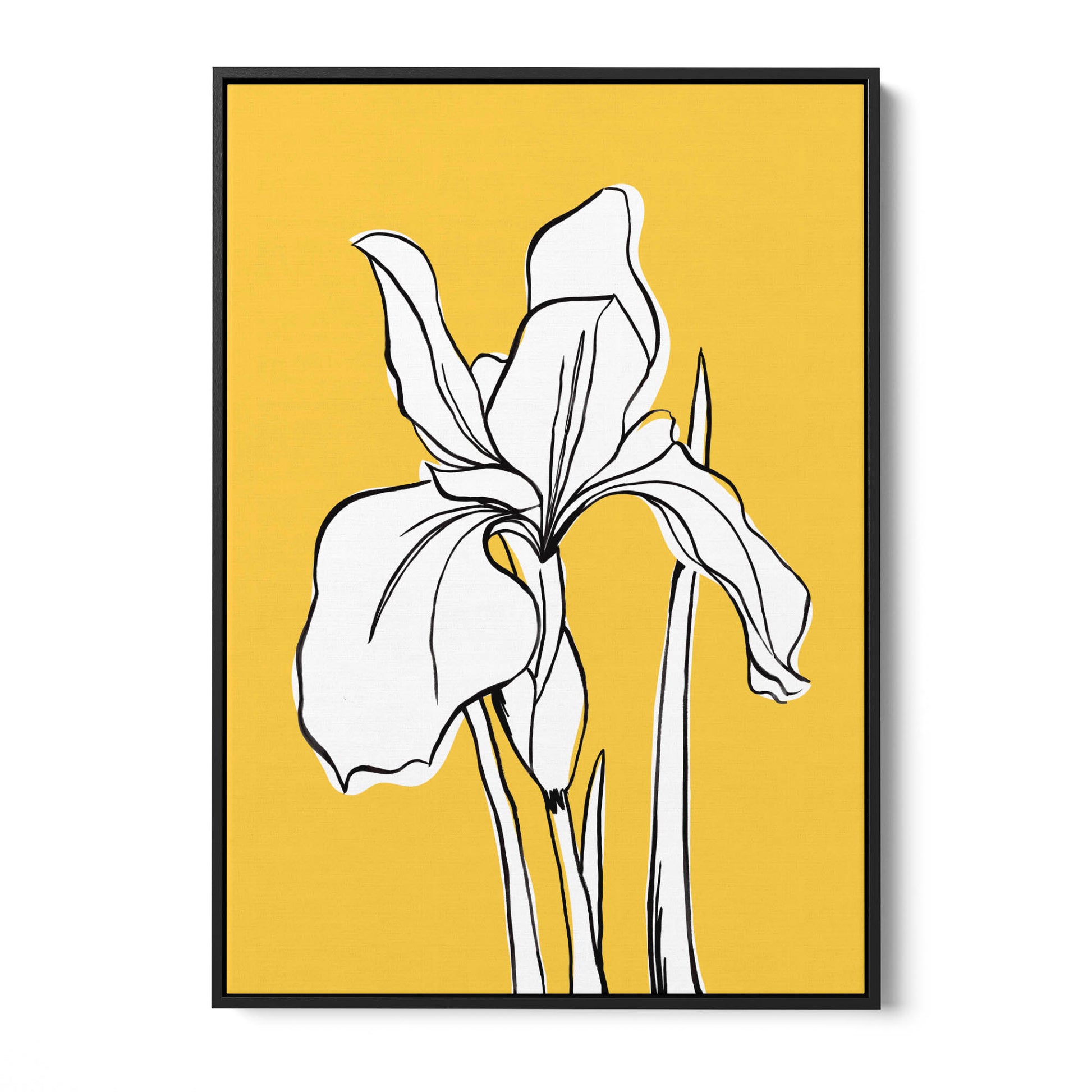 Iris Yellow floral wall art — bold botanical iris line drawing in white on warm sunflower yellow background, floral canvas print front view