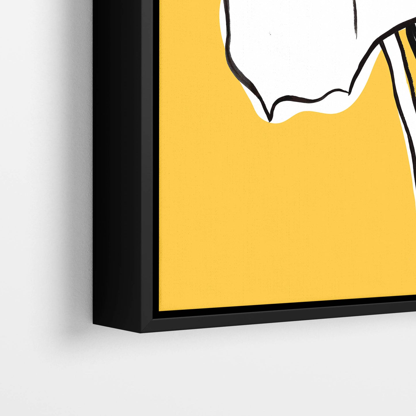 Close-up detail of framed Iris Yellow print — fine botanical iris line drawing with expressive petal detail against warm sunflower yellow background
