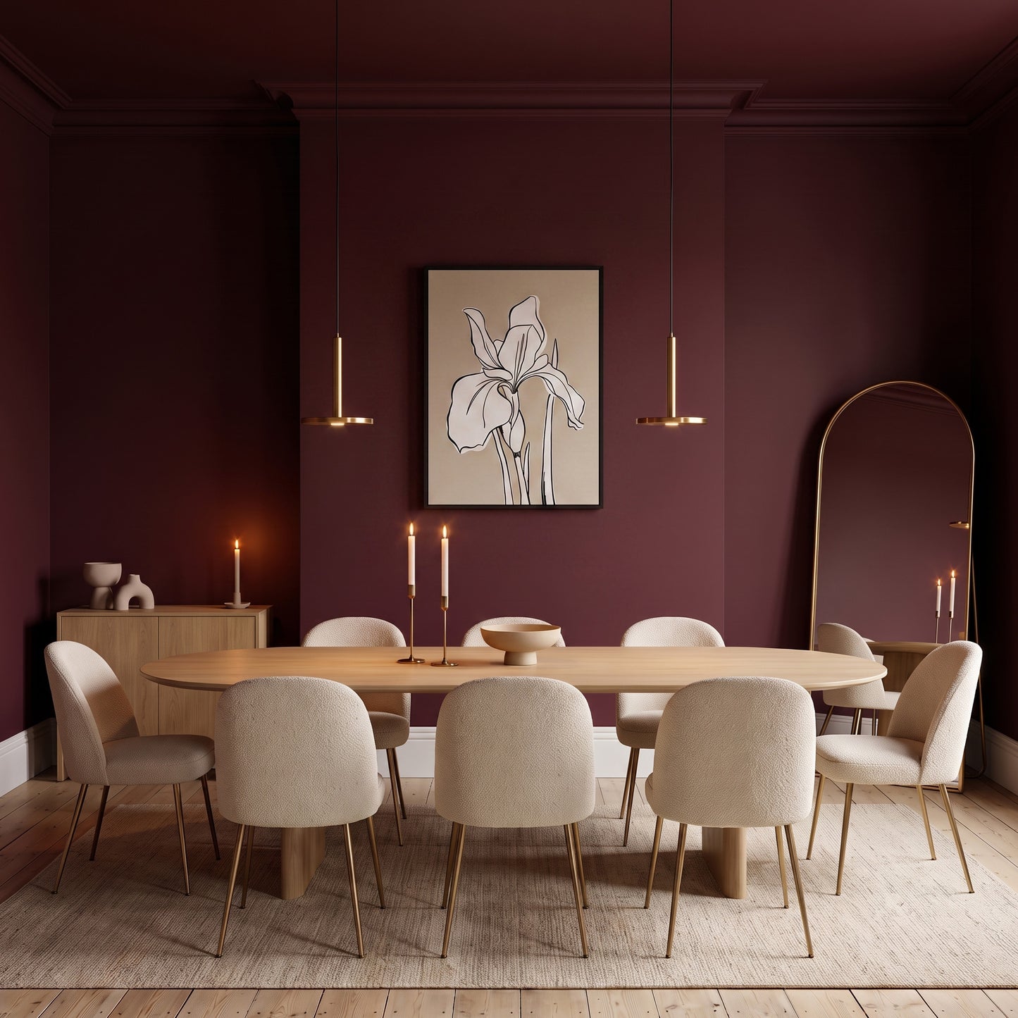 Iris Linen floral canvas wall art in burgundy Dining room with a wooden table and chairs .