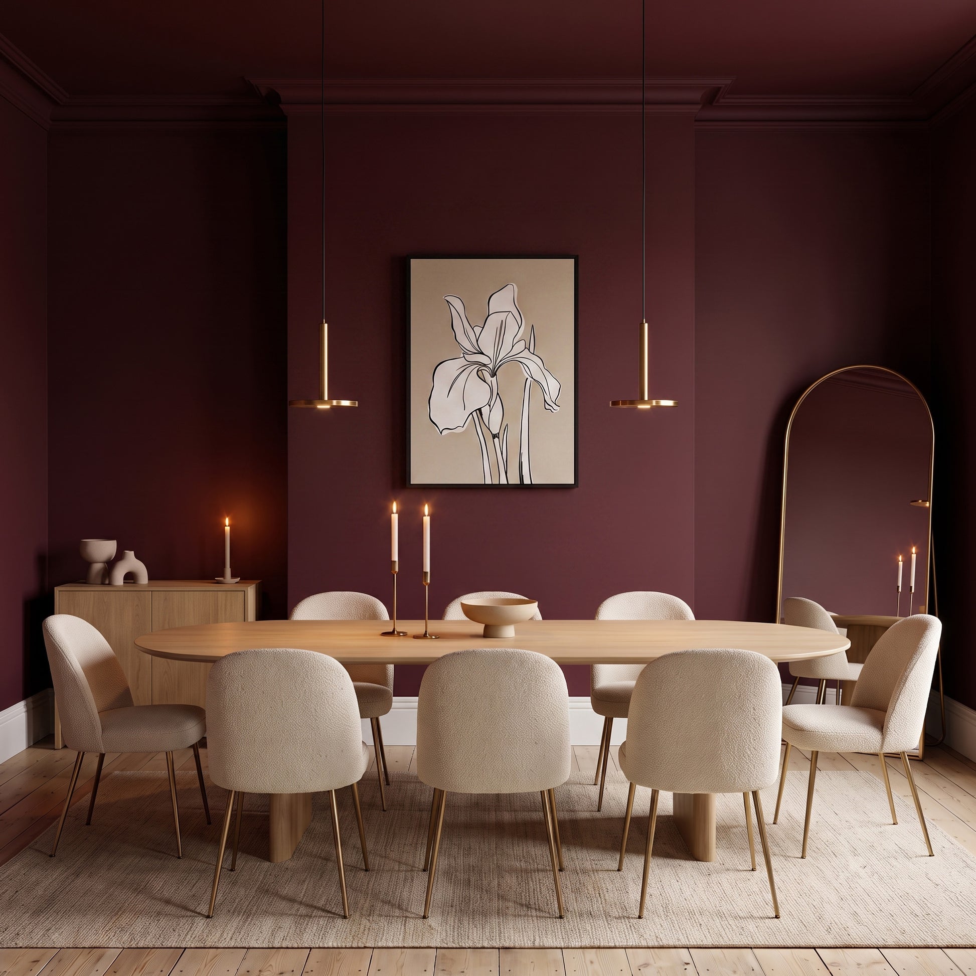Iris Linen floral canvas wall art in burgundy Dining room with a wooden table and chairs .