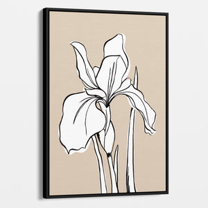 Framed Iris Linen floral wall art angled view showing frame depth — expressive iris line drawing in warm cream against soft warm linen background.
