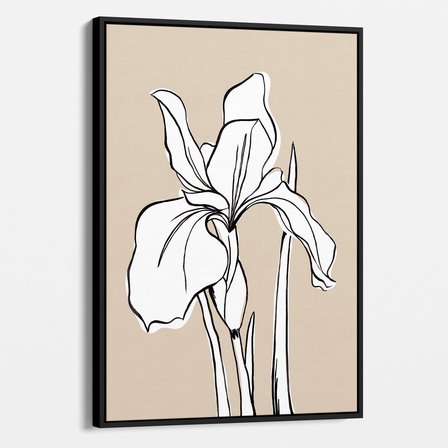 Framed Iris Linen floral wall art angled view showing frame depth — expressive iris line drawing in warm cream against soft warm linen background.