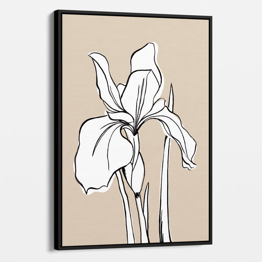 Framed Iris Linen floral wall art angled view showing frame depth — expressive iris line drawing in warm cream against soft warm linen background.