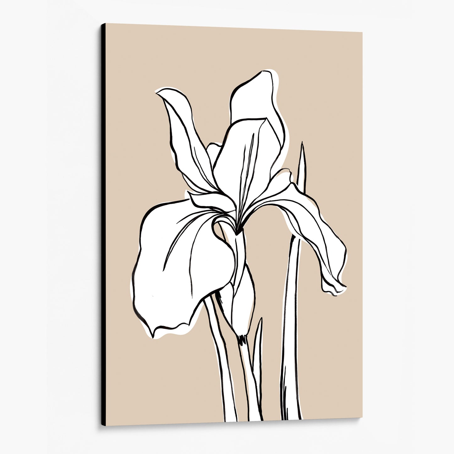 Unframed Iris Linen floral wall art angled view showing canvas depth — minimalist botanical iris line drawing against soft warm linen background