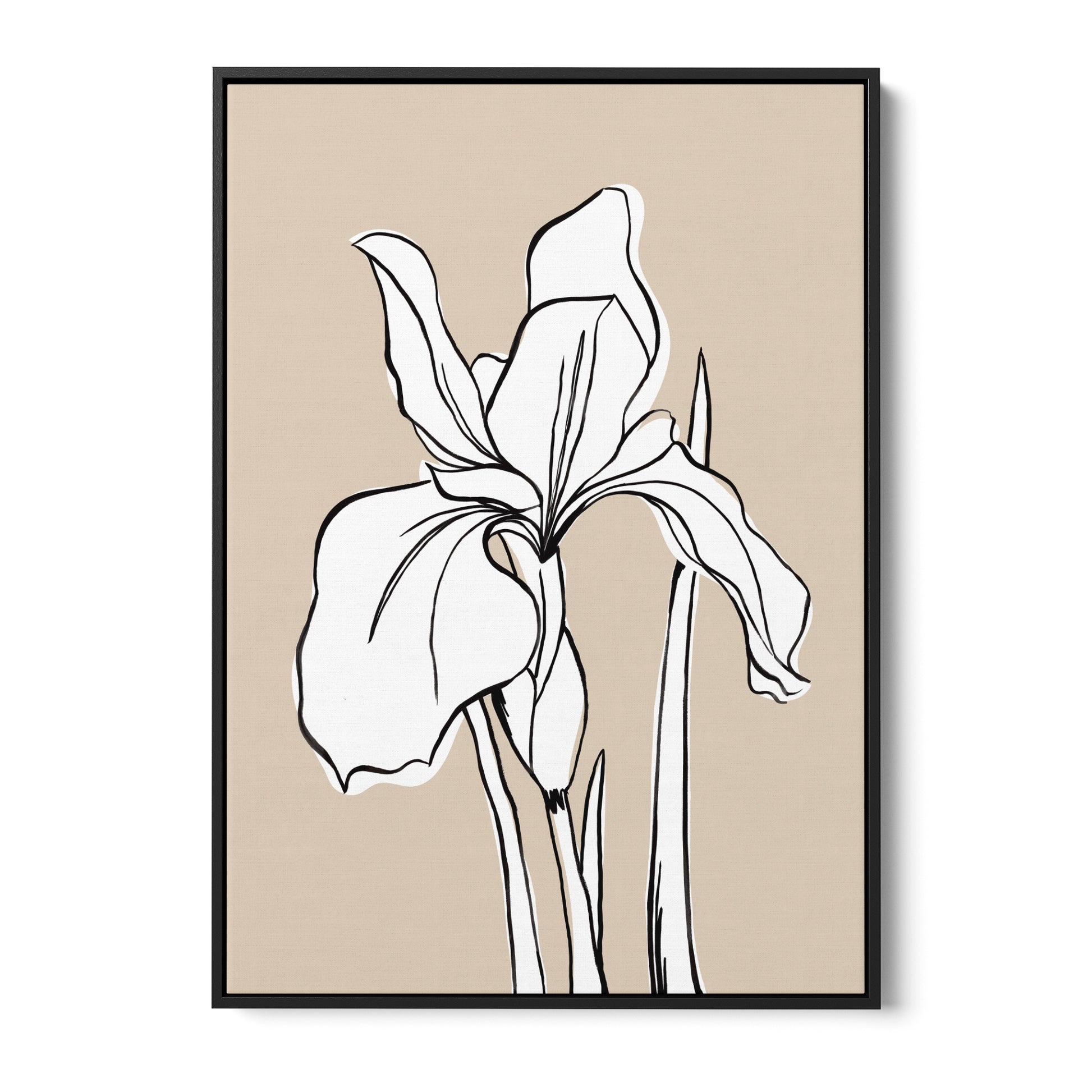 Iris Linen floral wall art — minimalist botanical iris line drawing in white cream on soft linen background, floral canvas print front view