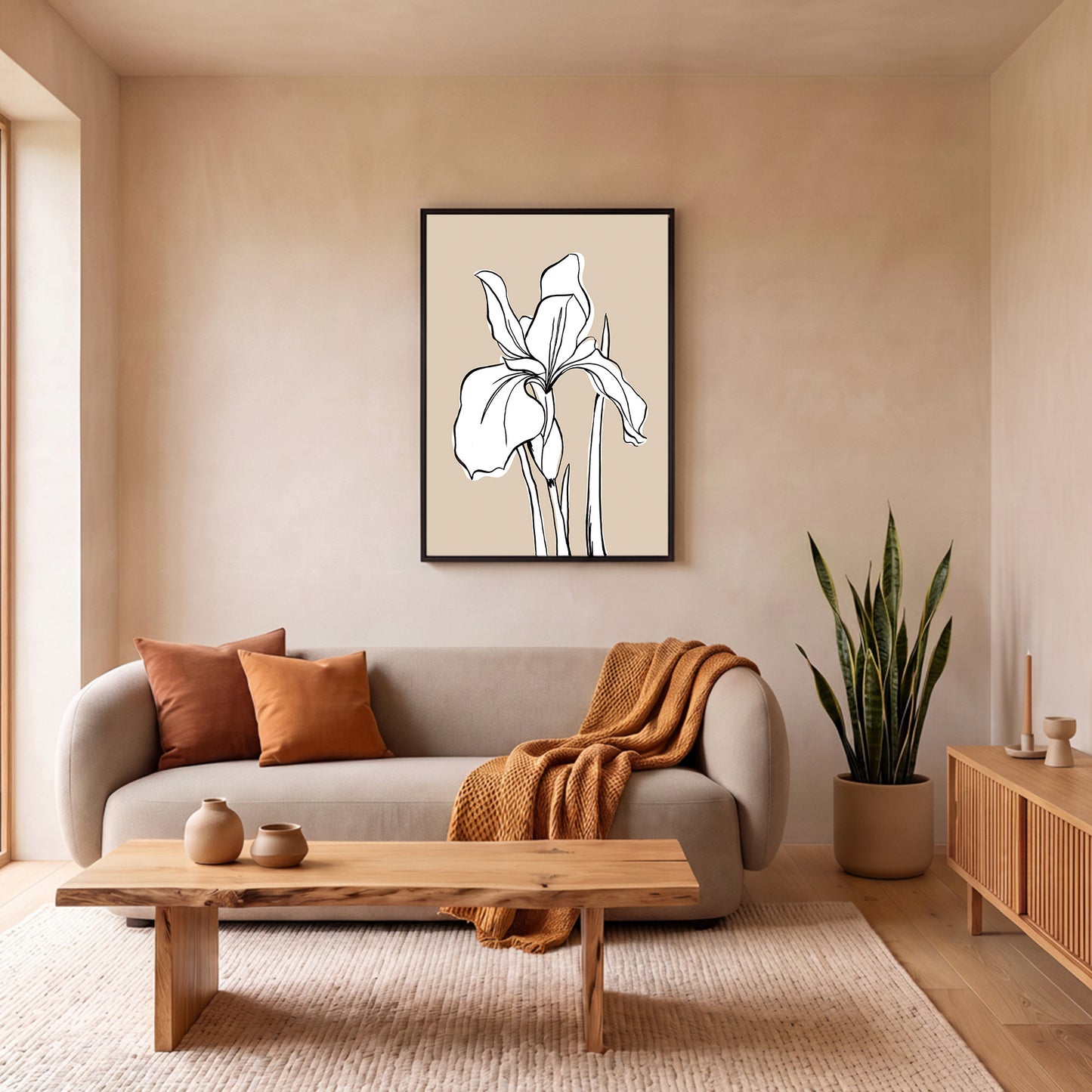 Iris Linen floral canvas wall art  in a Japandi style living room with taupe sofa.