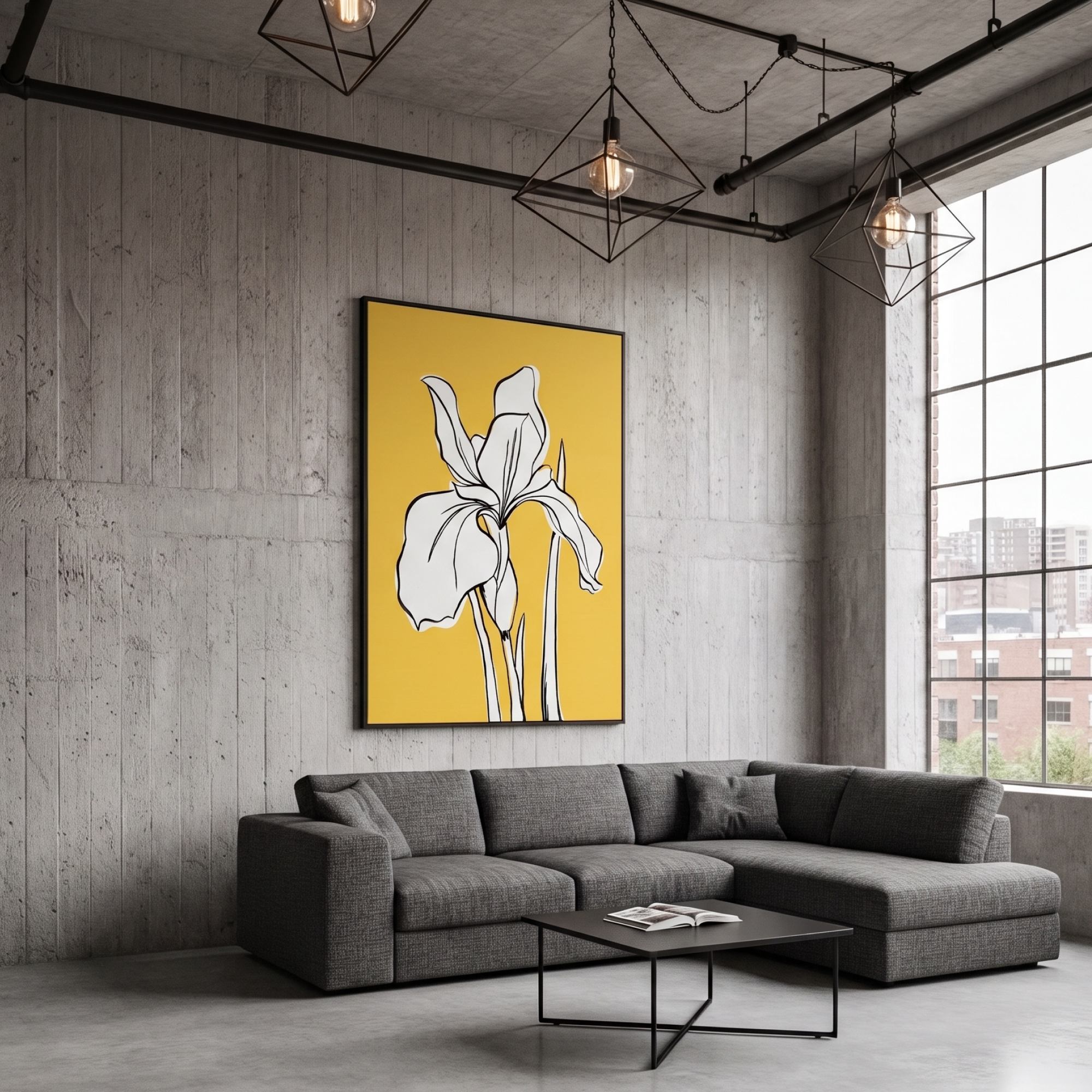 A large framed Iris Yellow wall art print featuring a stylised white iris flower on a yellow background, displayed above a grey sectional sofa in a modern loft-style room with concrete walls and industrial ceiling lights.
