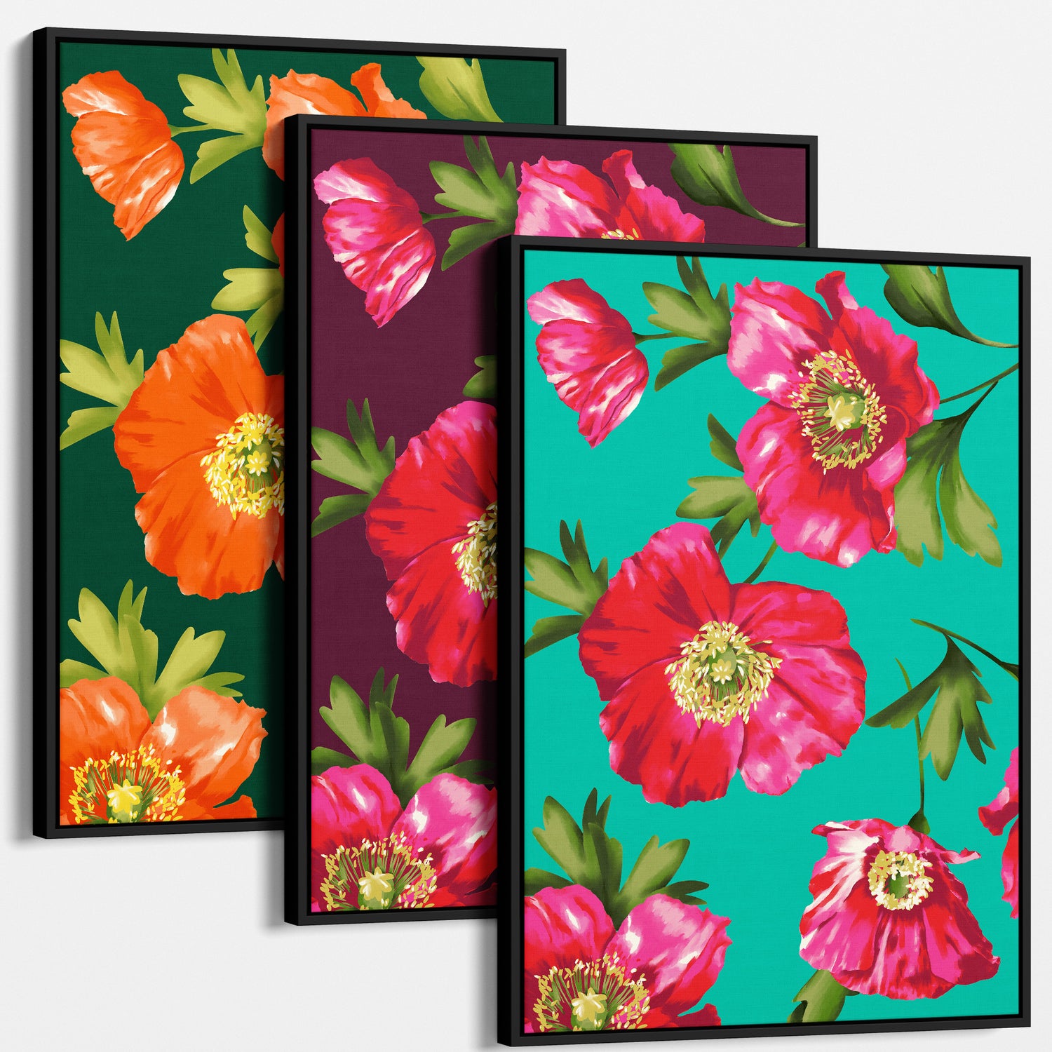 Three colour variations of the Isla floral wall art prints with vibrant colours on a white background