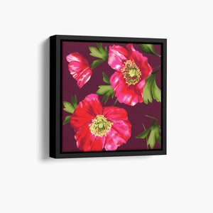 Framed Isla mini Burgundy poppy wall art angled view showing frame depth - vibrant red floral botanical print with soft green leaves
