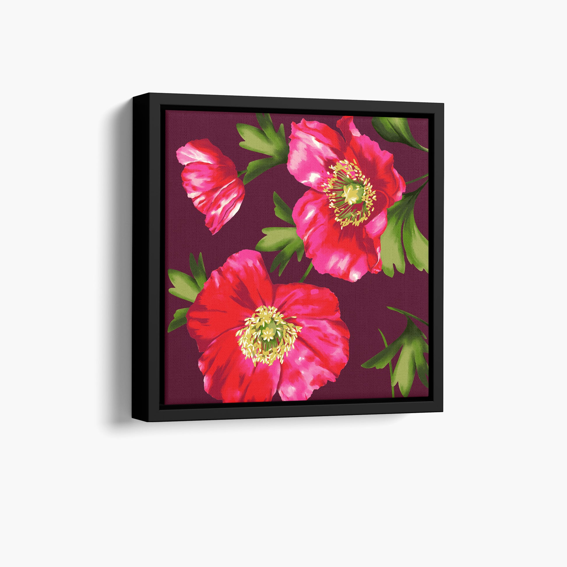 Framed Isla mini Burgundy poppy wall art angled view showing frame depth - vibrant red floral botanical print with soft green leaves