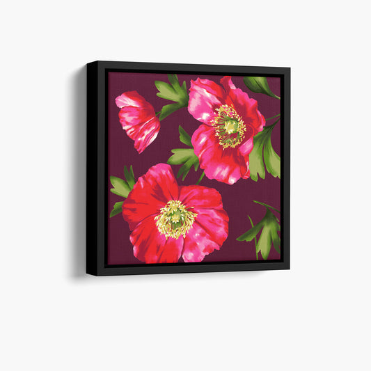 Framed Isla mini Burgundy poppy wall art angled view showing frame depth - vibrant red floral botanical print with soft green leaves