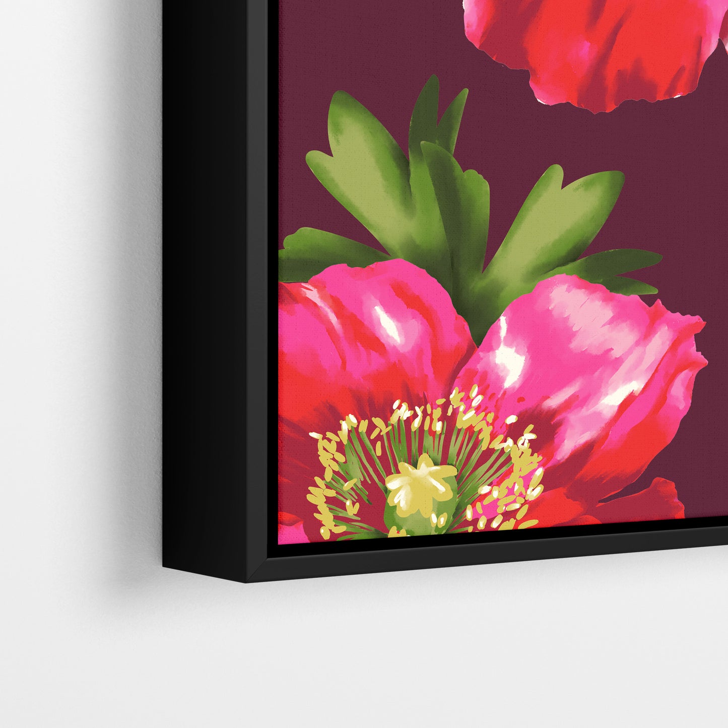 Close-up detail of Isla Burgundy framed botanical print - painterly crimson poppies with organic movement on burgundy background