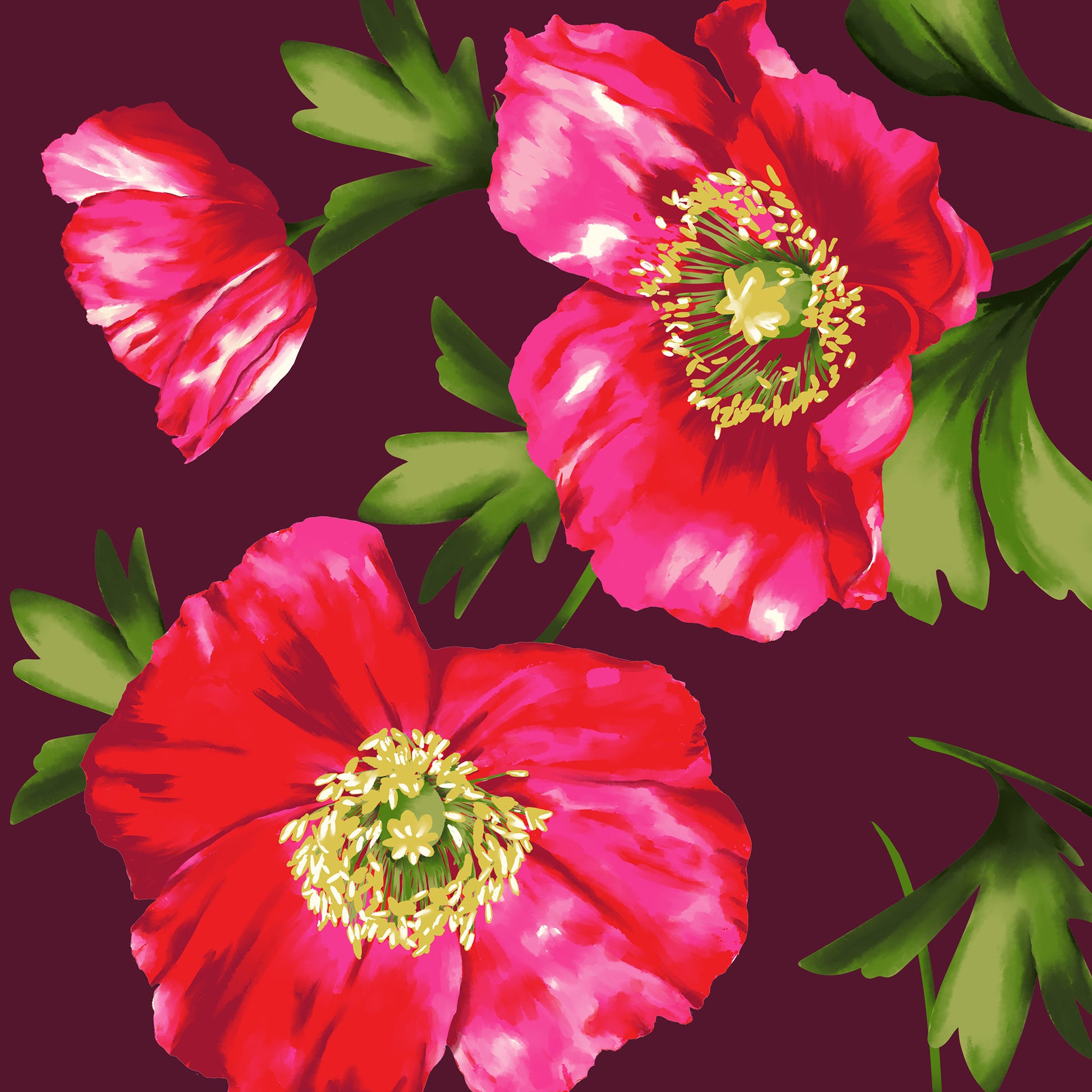 Close-up detail of Isla Burgundy mini botanical print - painterly crimson poppies with organic movement on burgundy background