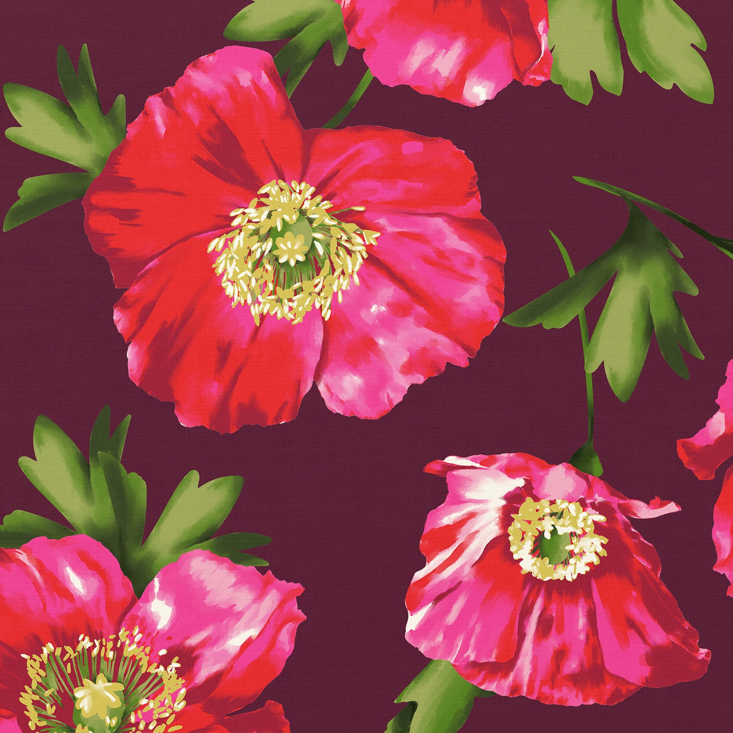 Close-up detail of Isla Burgundy botanical print - painterly crimson poppies with organic movement on burgundy background