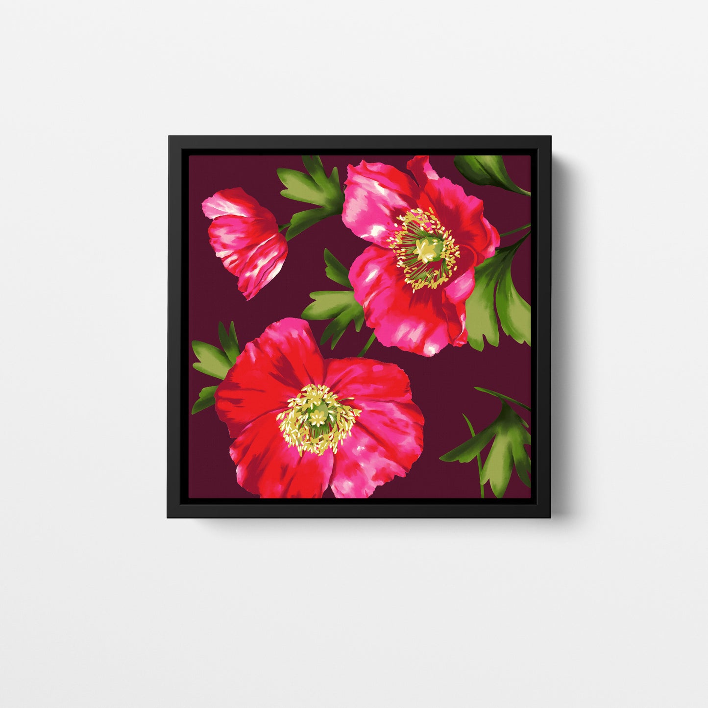 Isla Burgundy mini botanical wall art - bold crimson and magenta poppies on deep burgundy background with painterly textures, framed print front view