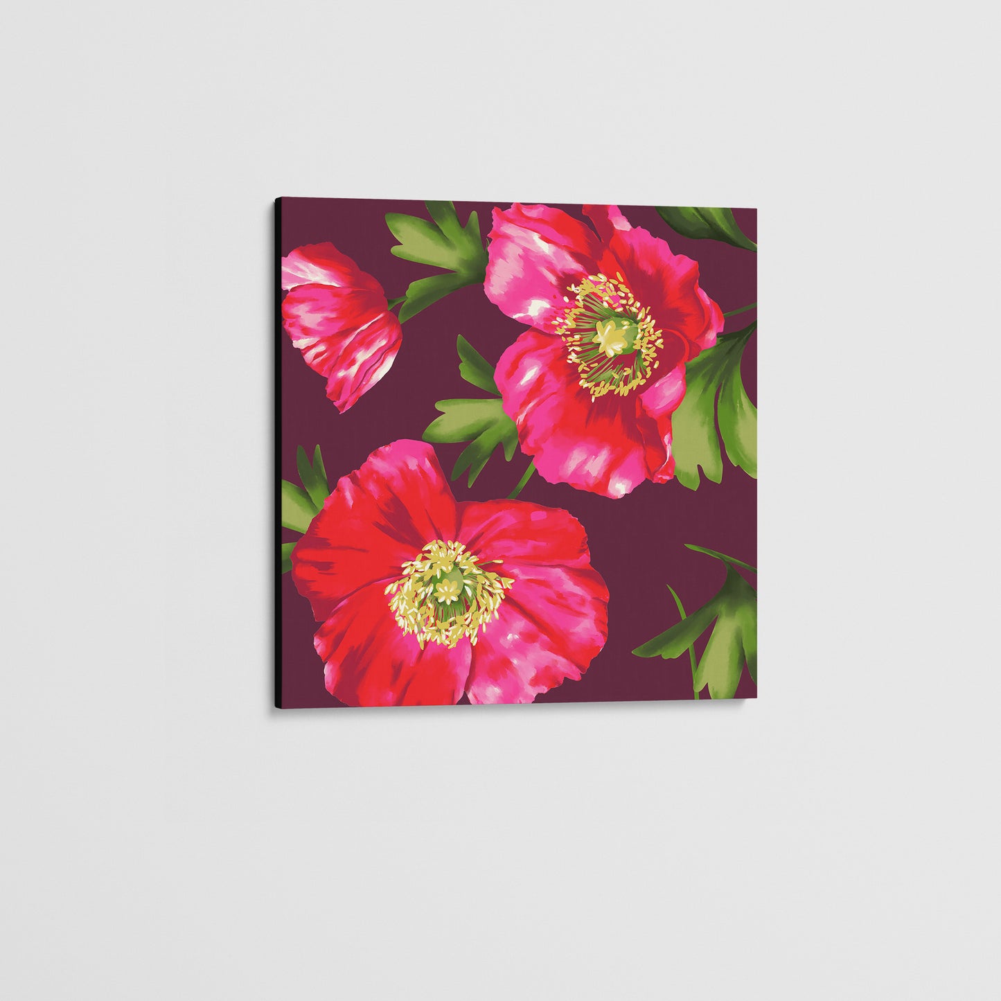 Unframed Isla Burgundy mini poppy wall art angled view with vibrant red floral botanical print with soft green leaves